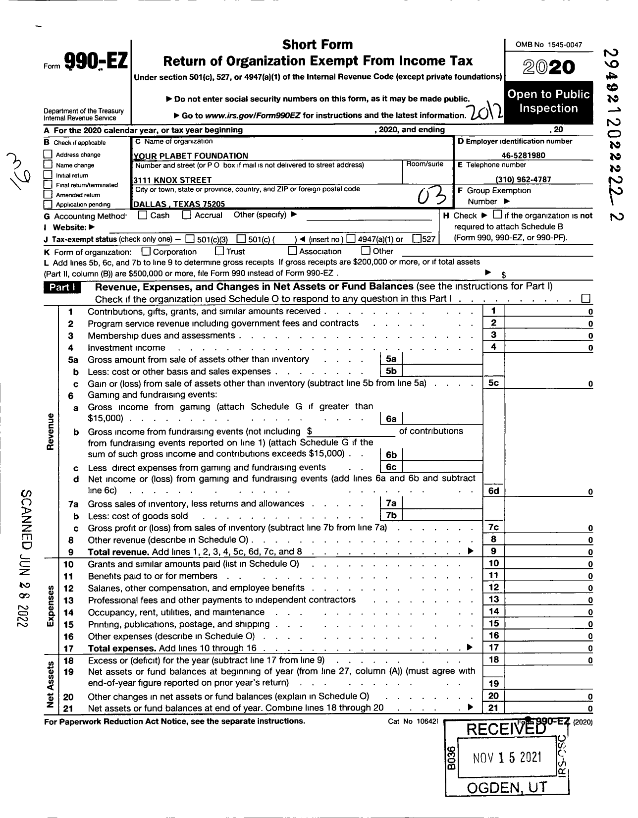 Image of first page of 2020 Form 990EZ for Your Planet Foundation