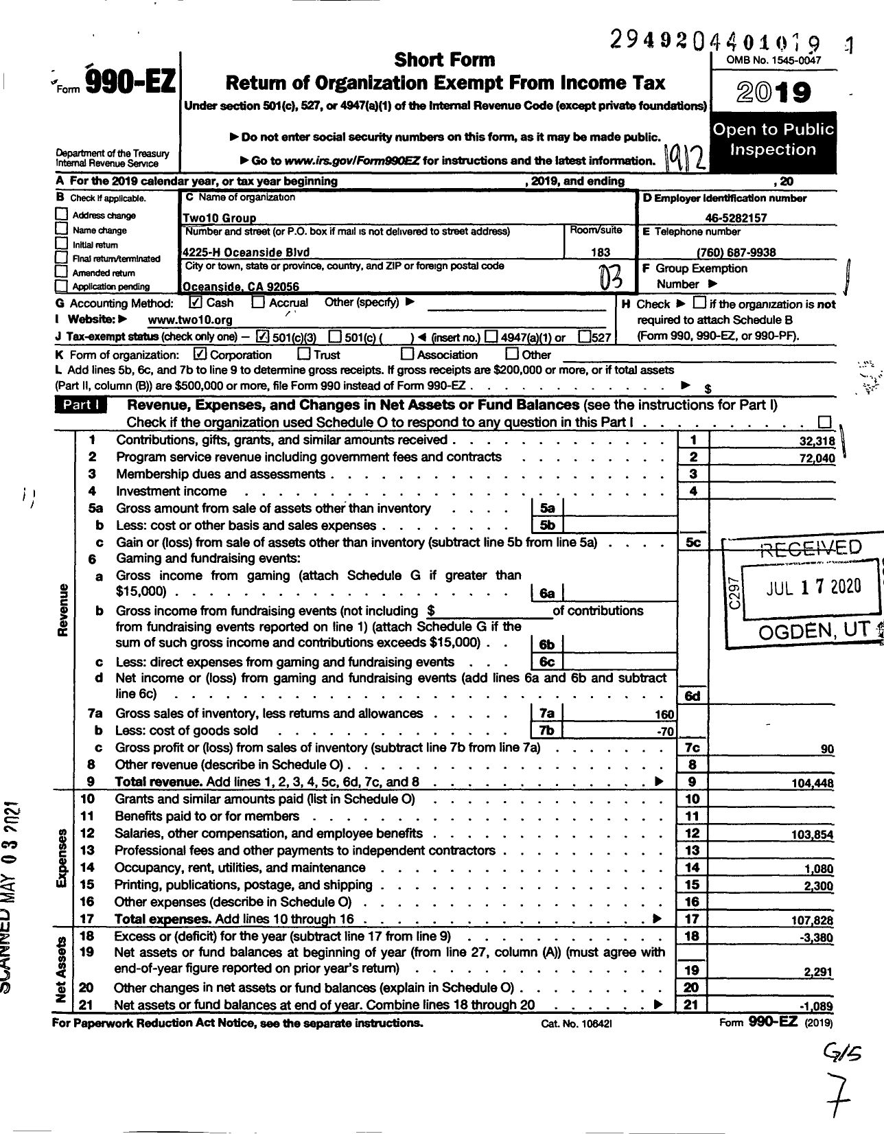 Image of first page of 2019 Form 990EZ for Two10 Group