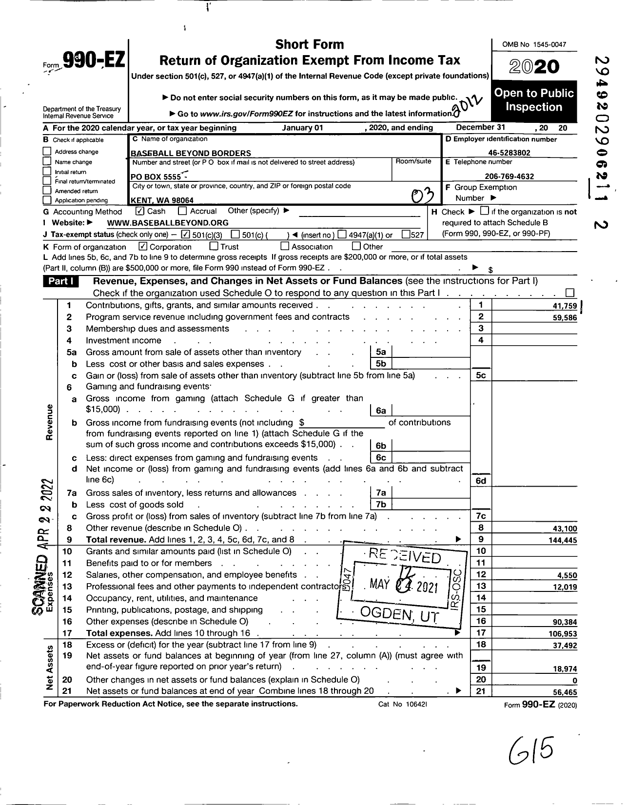 Image of first page of 2020 Form 990EZ for Baseball Beyond Borders