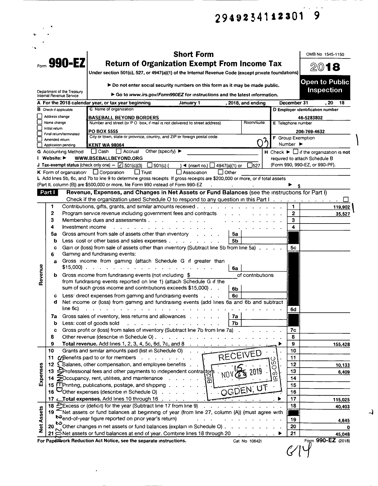 Image of first page of 2018 Form 990EZ for Baseball Beyond Borders