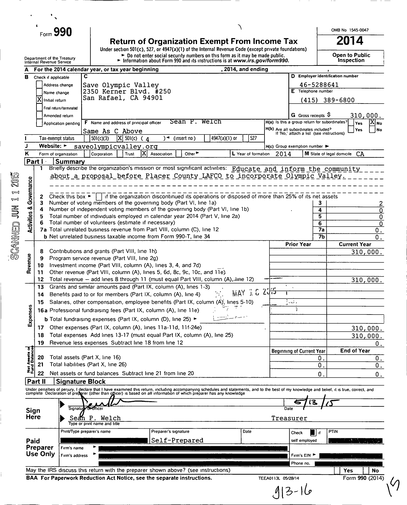 Image of first page of 2014 Form 990O for Save Olympic Valley