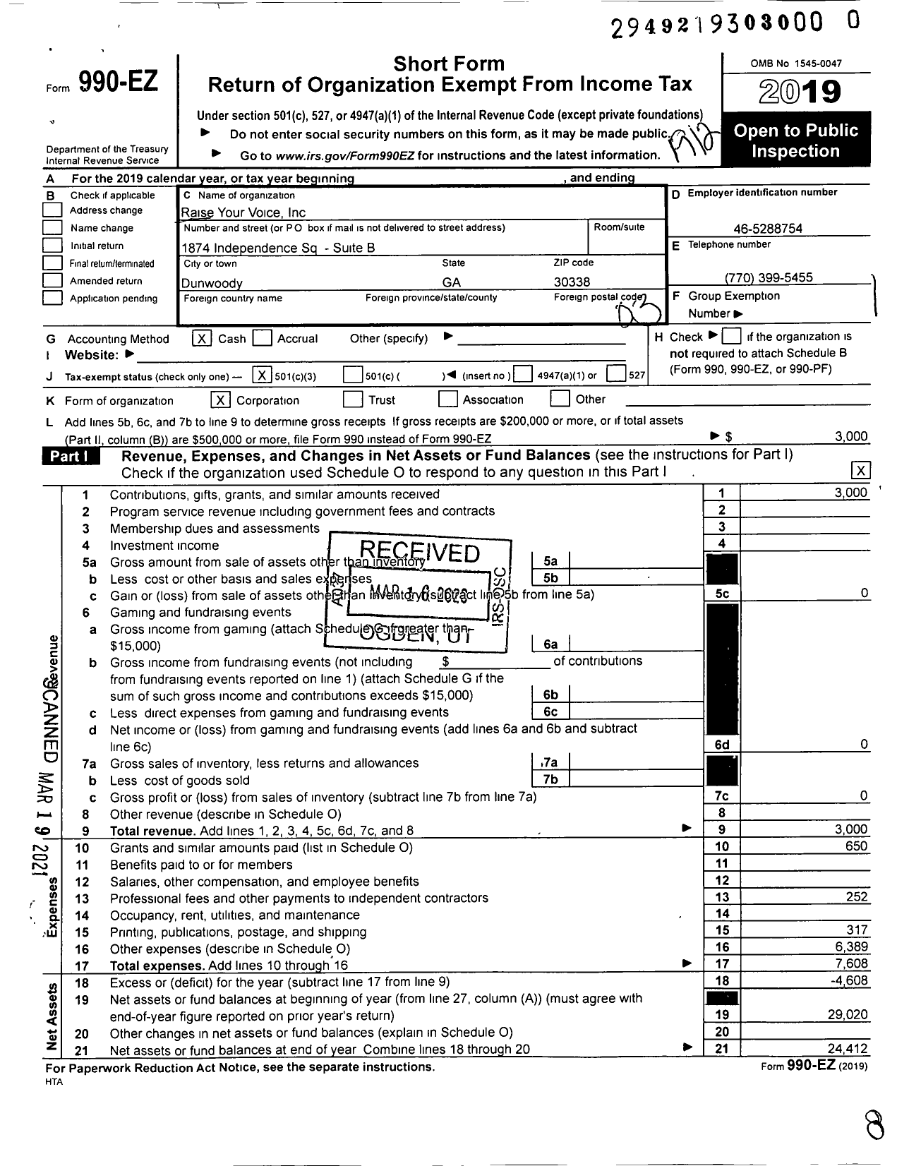 Image of first page of 2019 Form 990EZ for Raise Your Voice