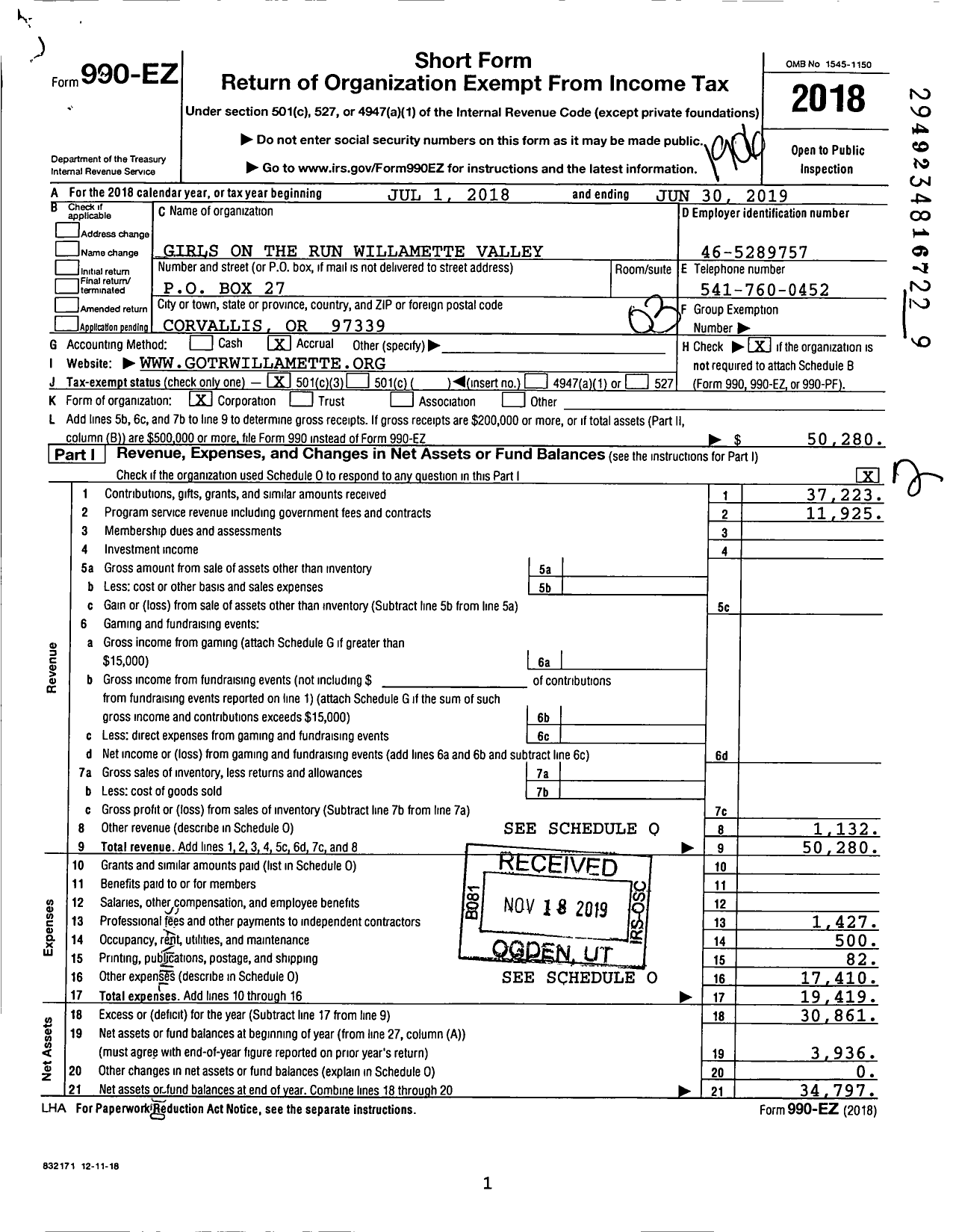 Image of first page of 2018 Form 990EZ for Girls on the Run Willamette Valley