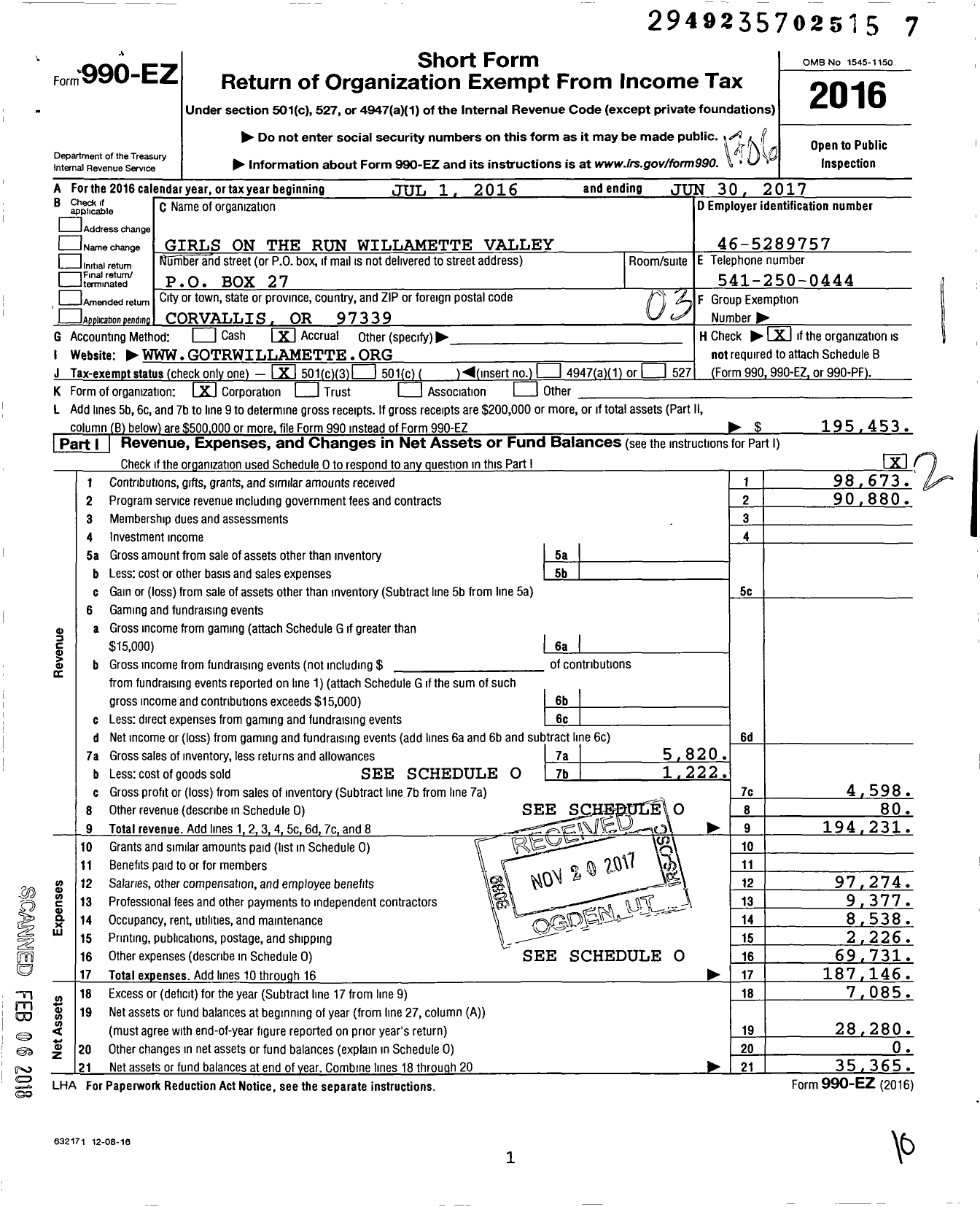 Image of first page of 2016 Form 990EZ for Girls on the Run Willamette Valley