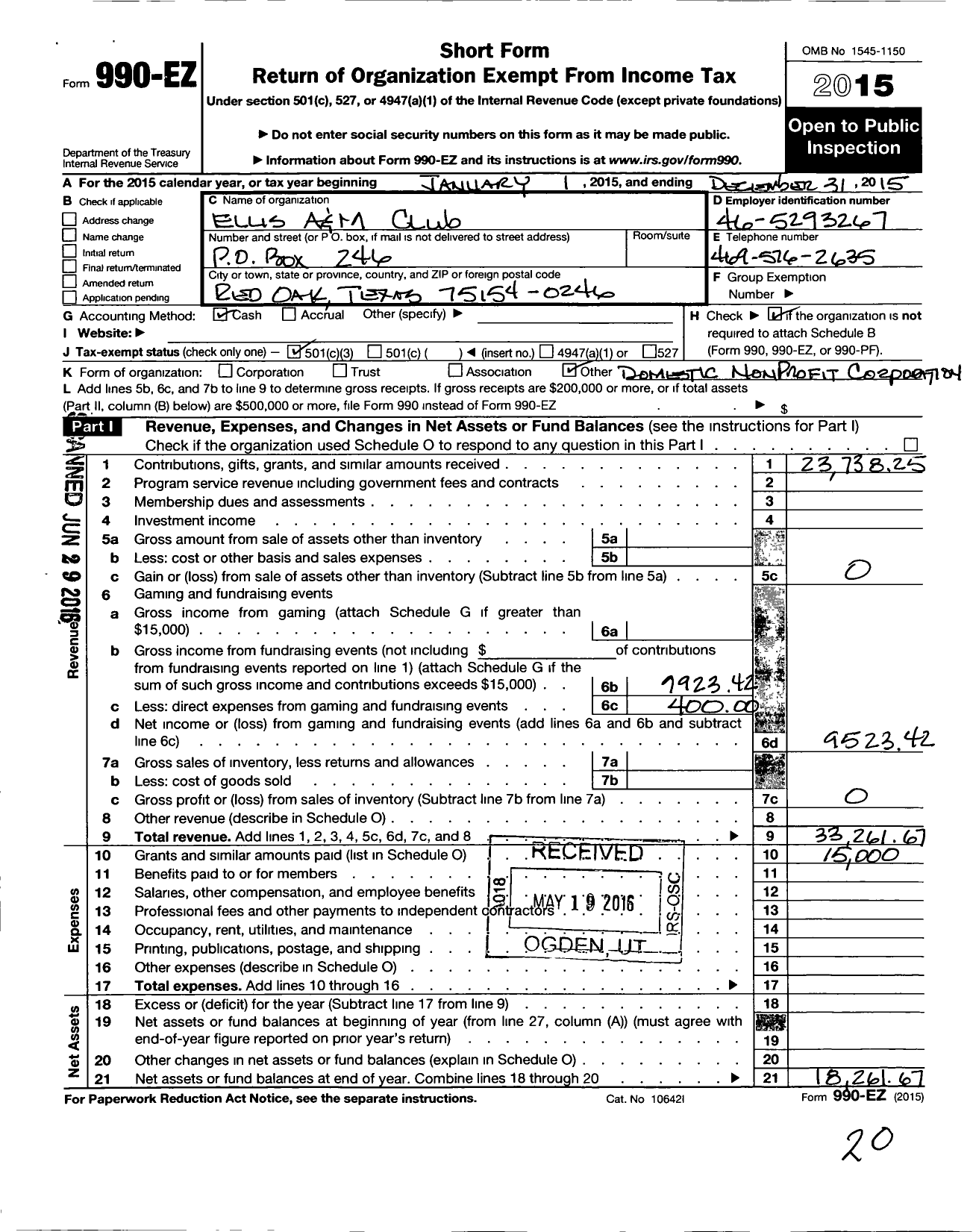 Image of first page of 2015 Form 990EZ for Ellis A and M Club