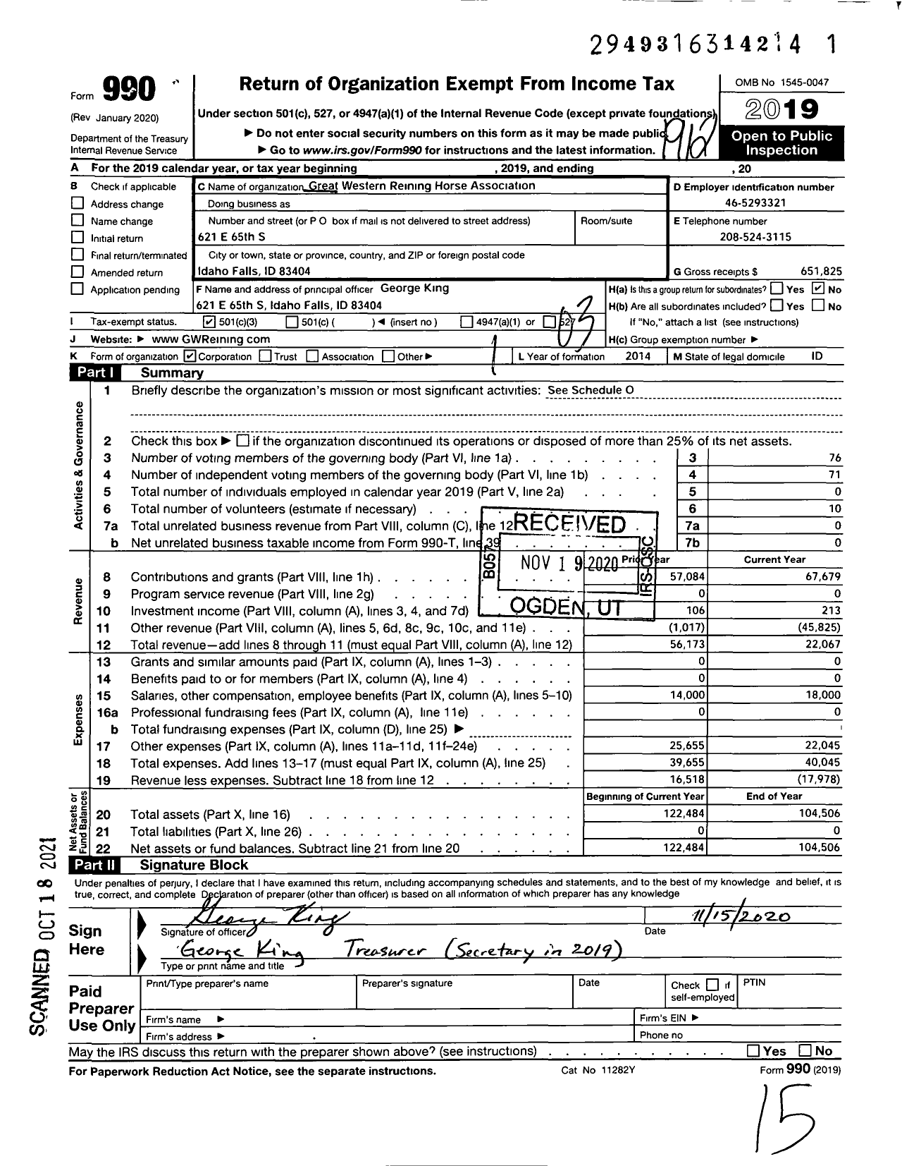 Image of first page of 2019 Form 990 for Great Western Reining Horse Association (GWRHA)