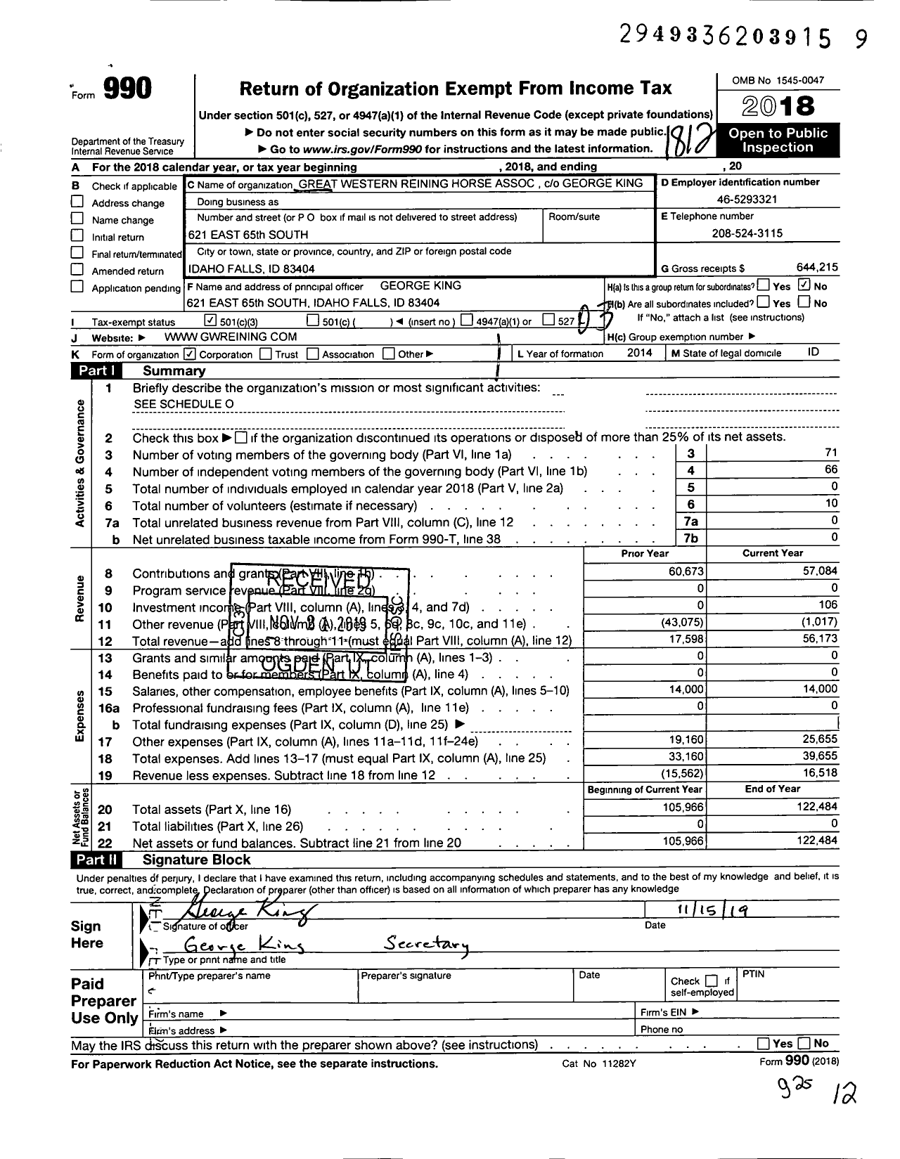 Image of first page of 2018 Form 990 for Great Western Reining Horse Association (GWRHA)