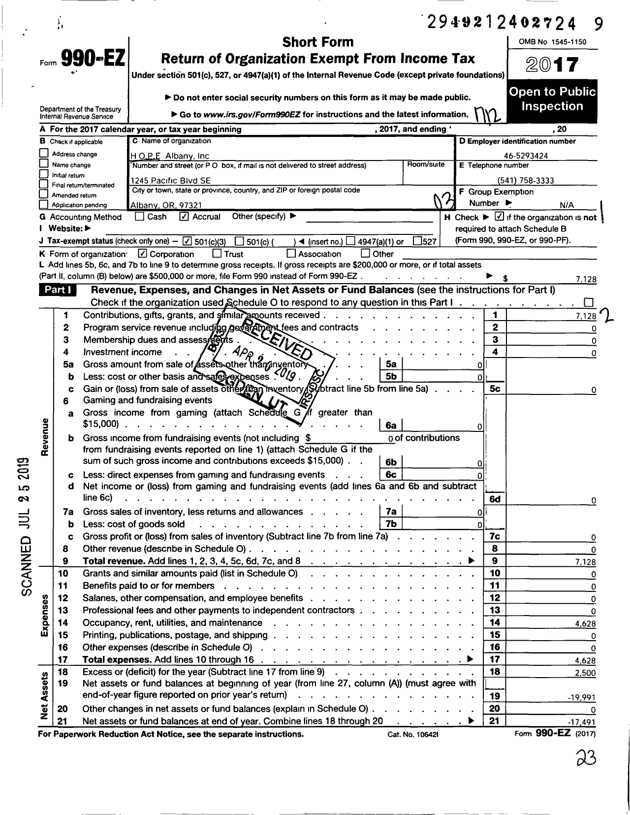 Image of first page of 2017 Form 990EZ for Hope Albany