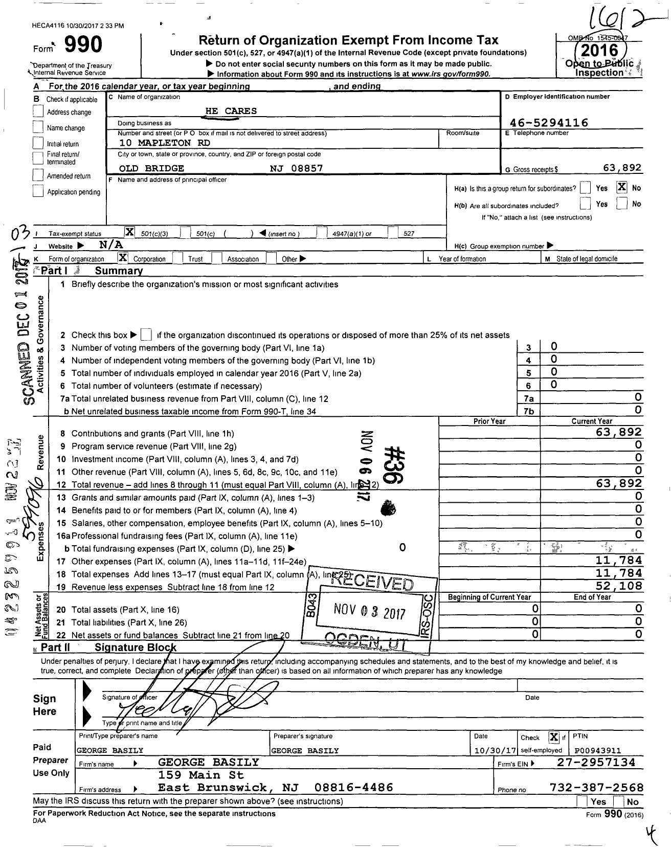 Image of first page of 2016 Form 990 for He Cares