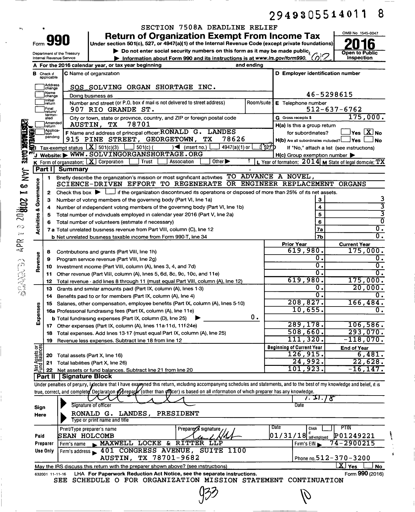 Image of first page of 2016 Form 990 for Sos Solving Organ Shortage