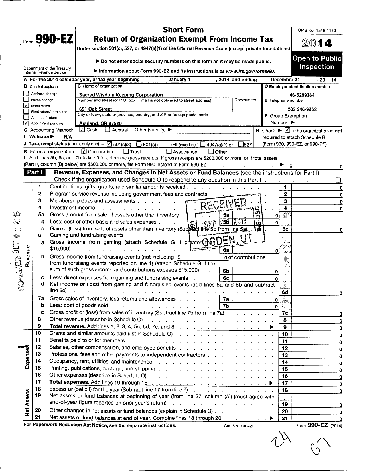 Image of first page of 2014 Form 990EZ for Sacred Wisdom Keeping Corporation