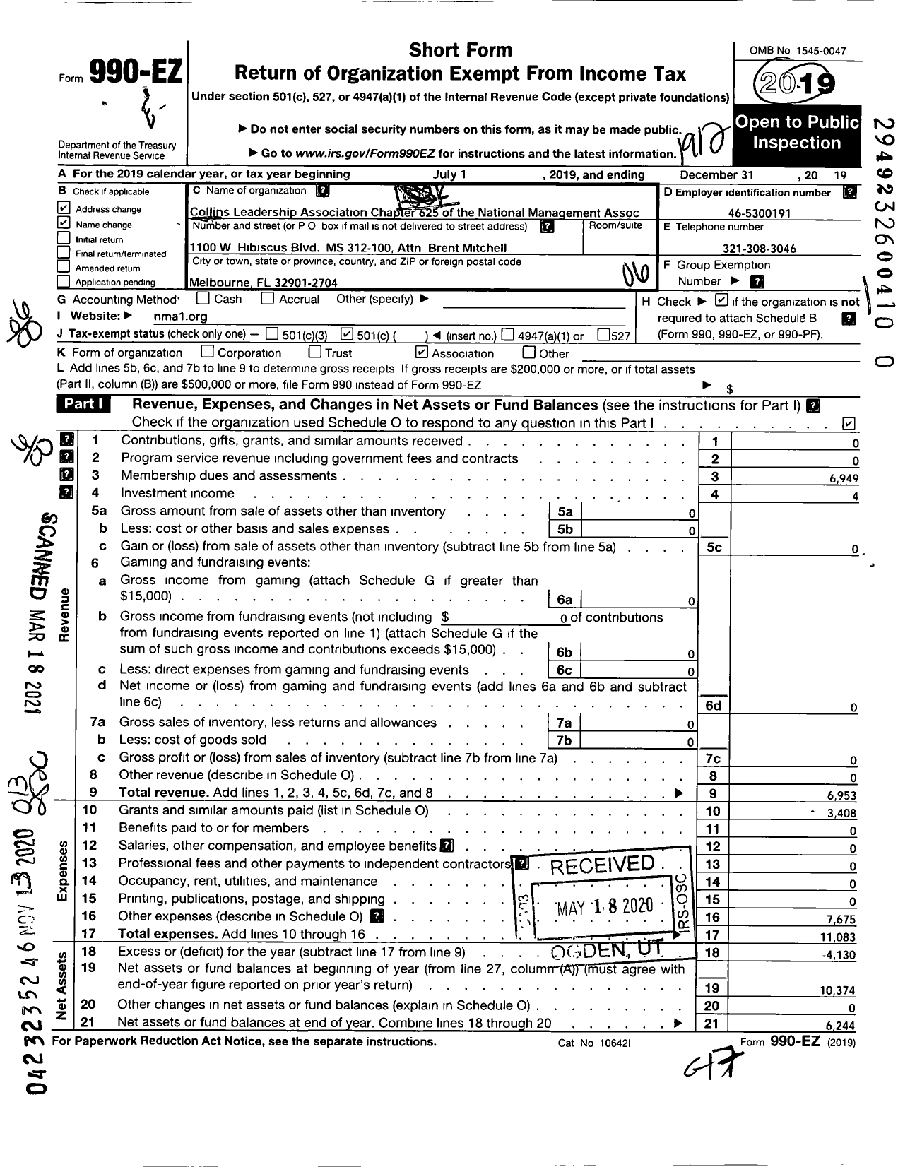 Image of first page of 2019 Form 990EO for Collins Leadership Association Chapter 625 of the National MGMT A