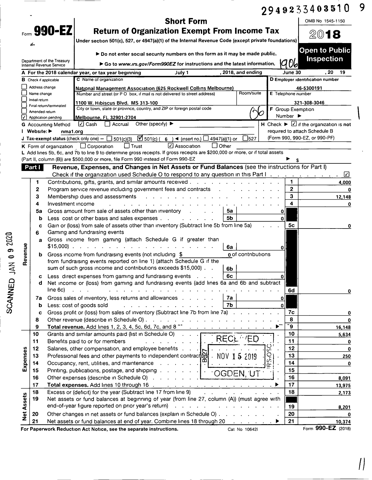 Image of first page of 2018 Form 990EO for Collins Leadership Association Chapter 625 of the National MGMT A