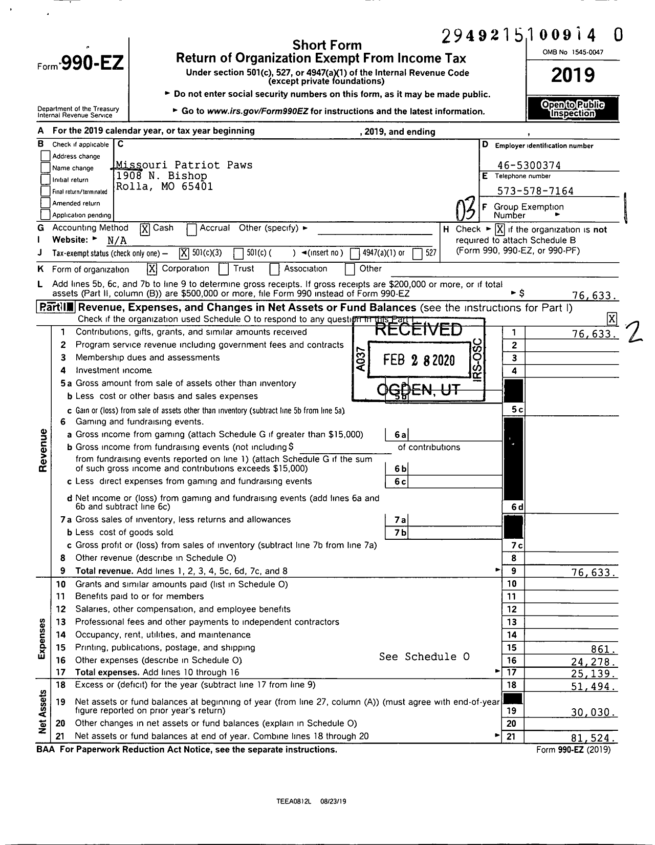 Image of first page of 2019 Form 990EZ for Missouri Patriot Paws