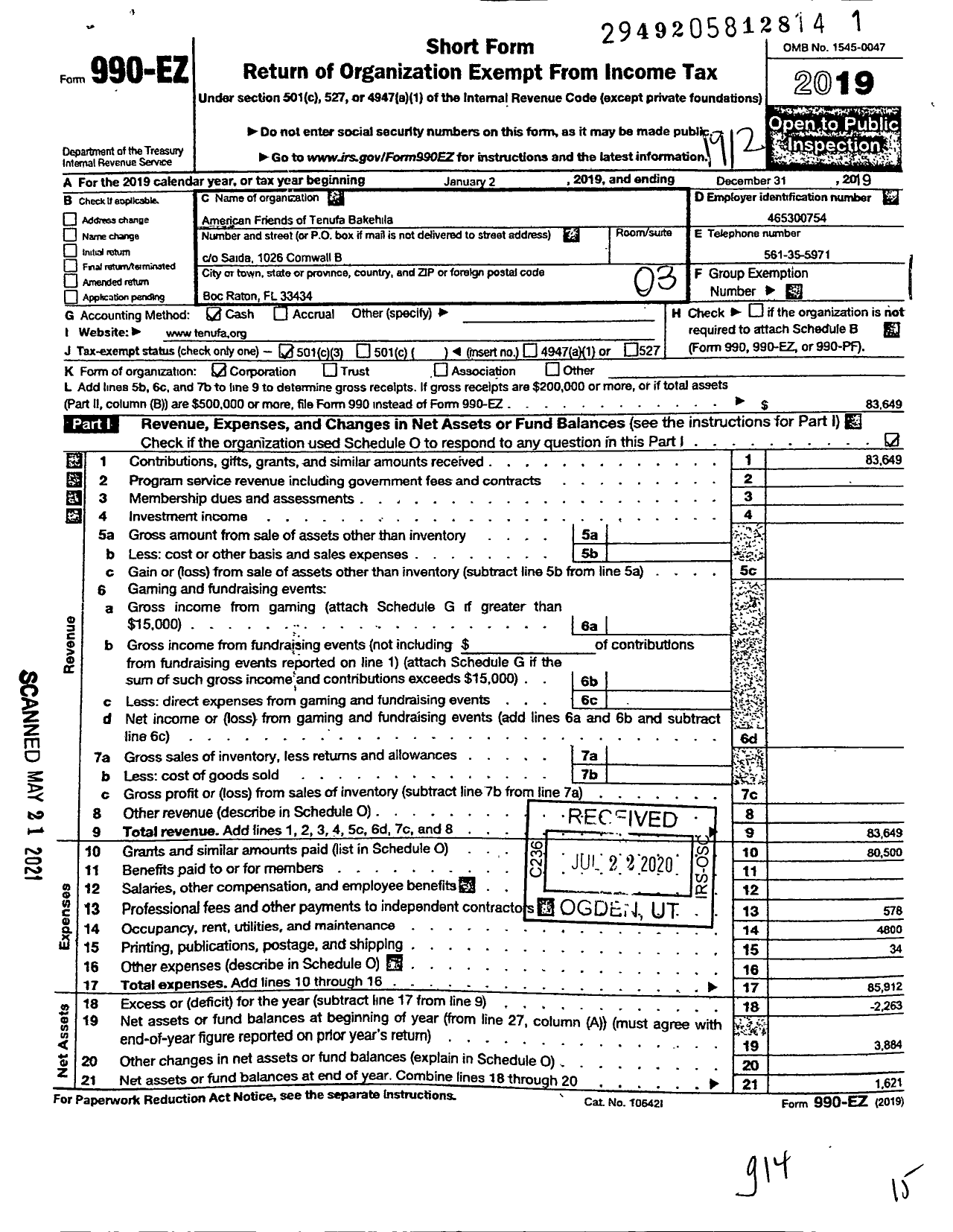 Image of first page of 2019 Form 990EZ for American Friends of Tenufa Bakehila