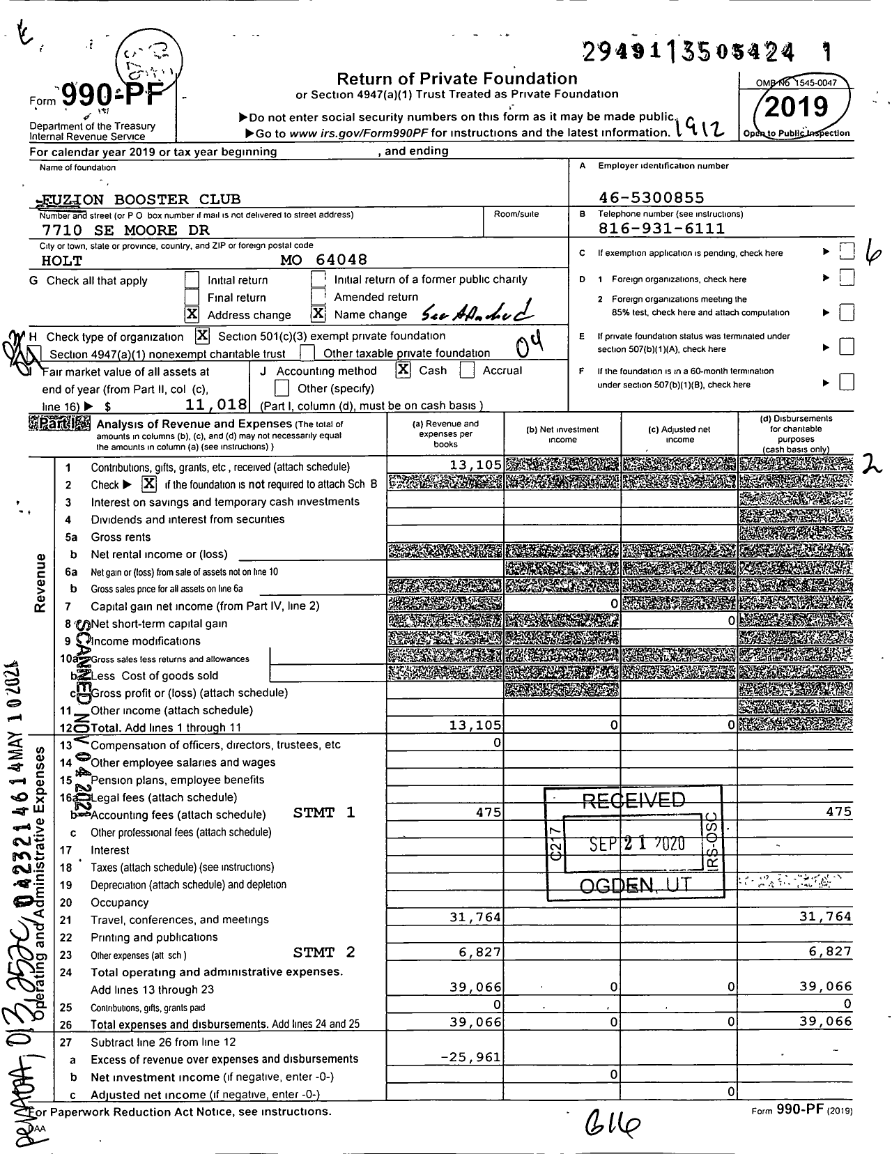 Image of first page of 2019 Form 990PF for Fuzion Booster Club
