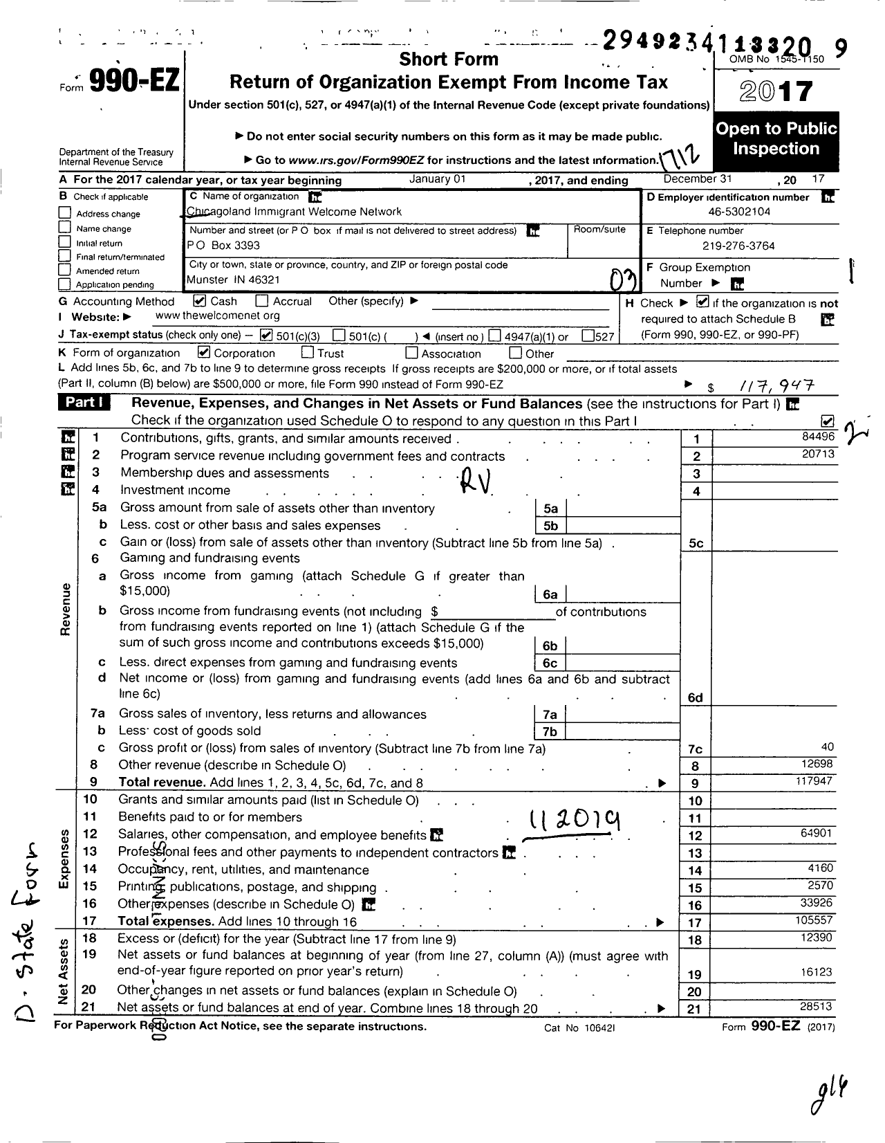 Image of first page of 2018 Form 990EZ for Chicagoland Immigrant Welcome Network