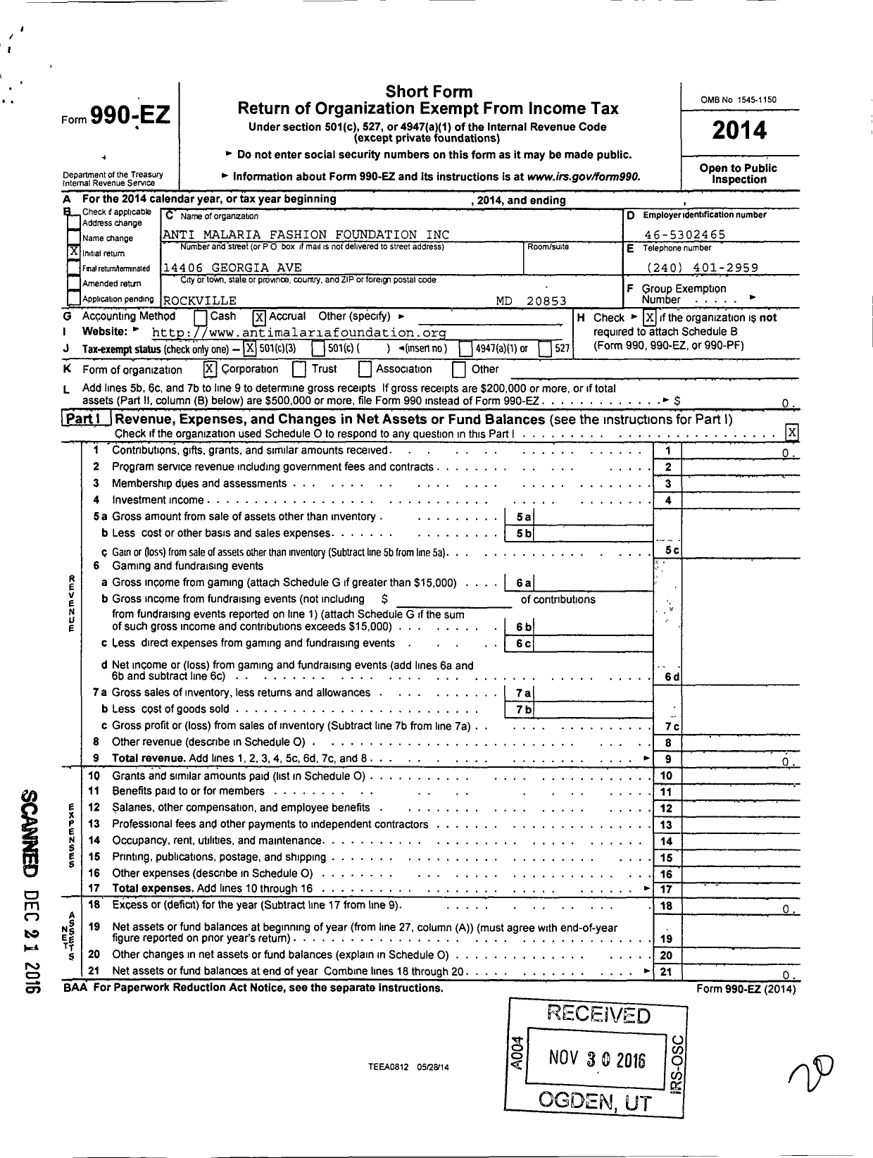 Image of first page of 2014 Form 990EZ for Anti Malaria Fashion Foundation