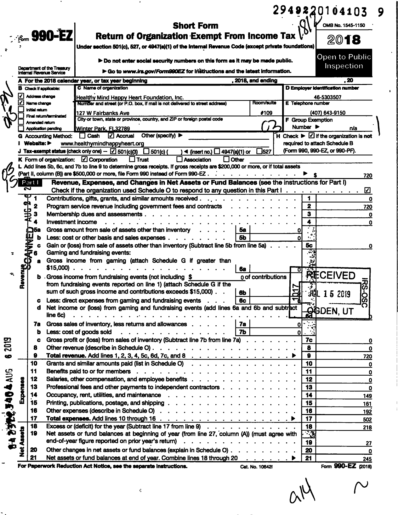 Image of first page of 2018 Form 990EZ for Healthy Mind Happy Heart Foundation