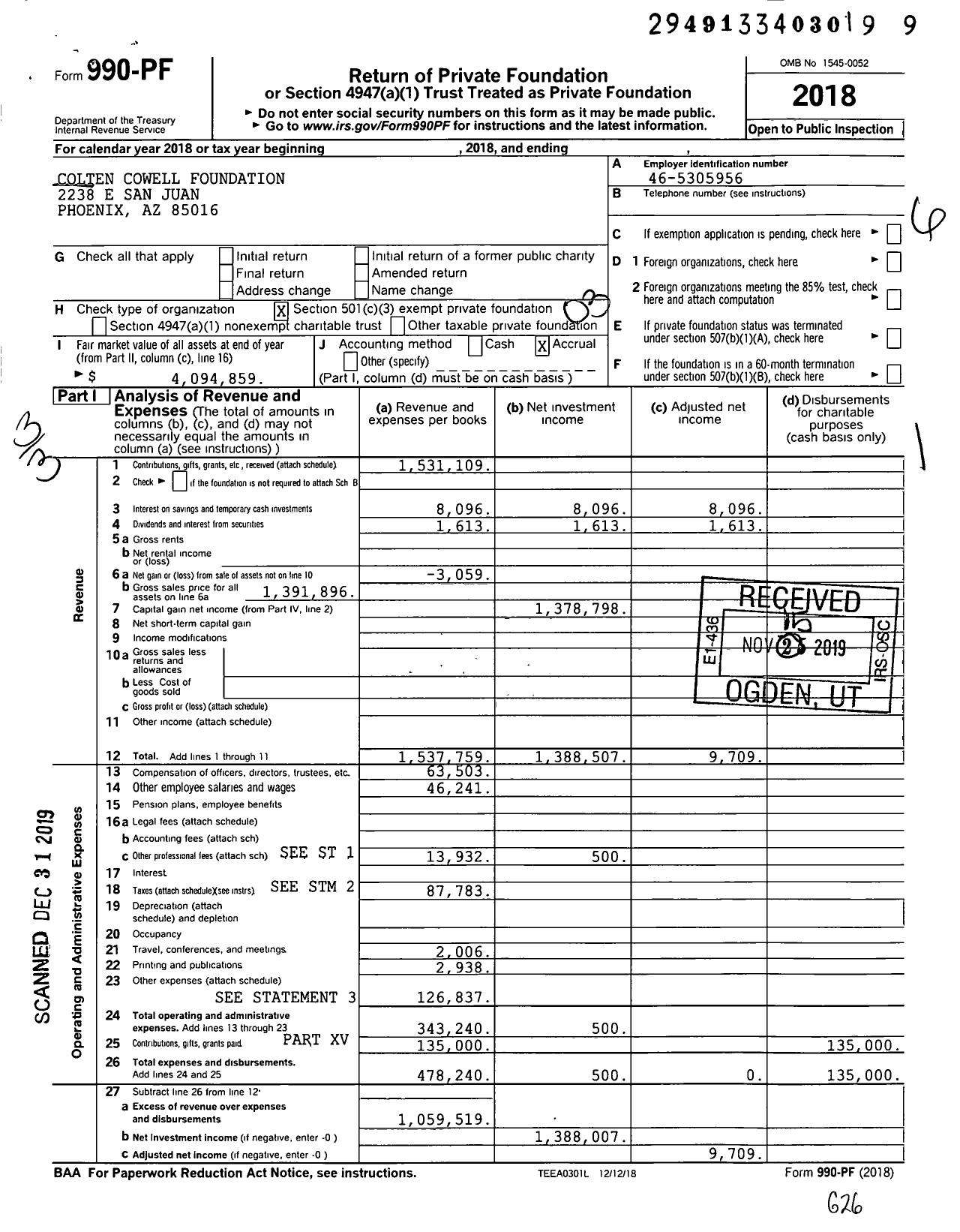 Image of first page of 2018 Form 990PF for Colten Cowell Foundation