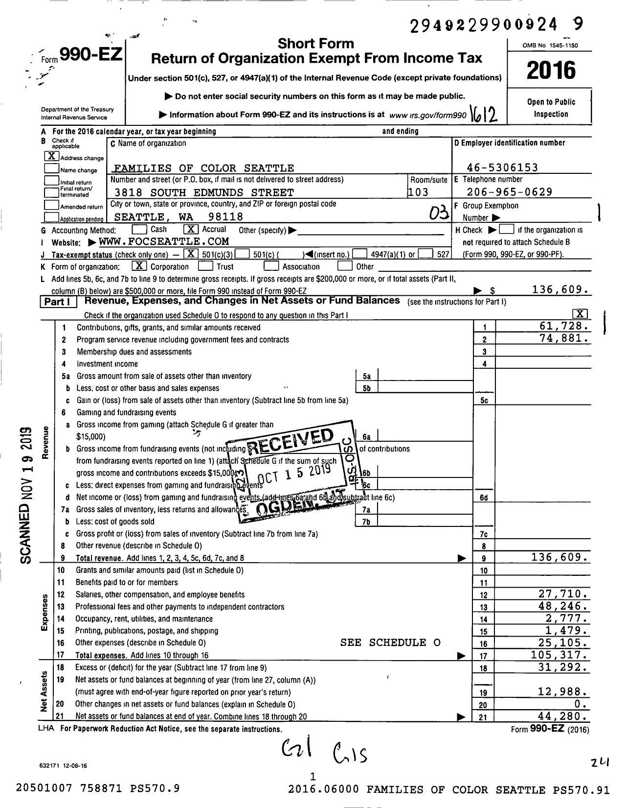 Image of first page of 2016 Form 990EZ for Families of Color Seattle