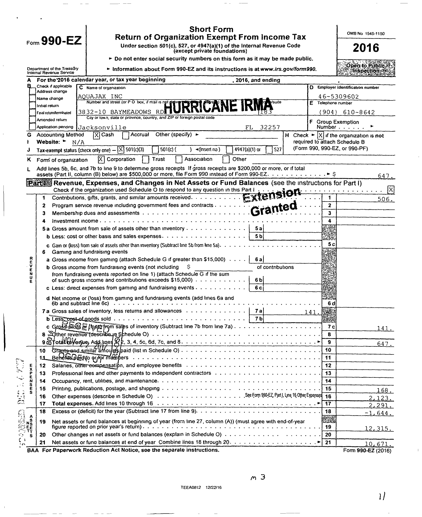 Image of first page of 2016 Form 990EZ for Aquajax