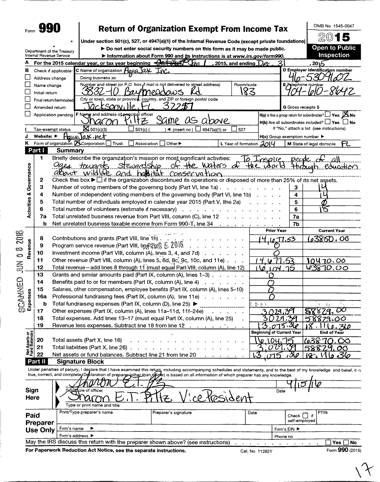 Image of first page of 2015 Form 990 for Aquajax