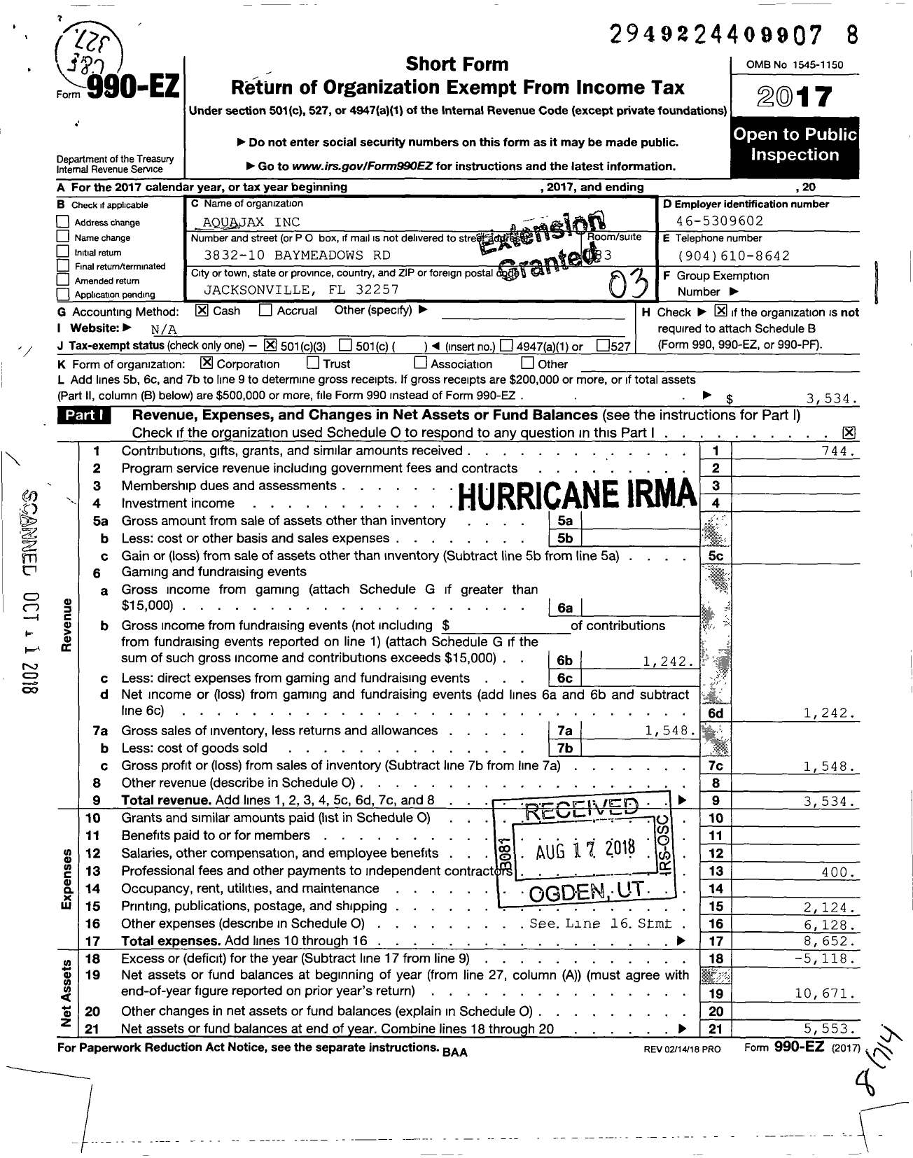 Image of first page of 2017 Form 990EZ for Aquajax