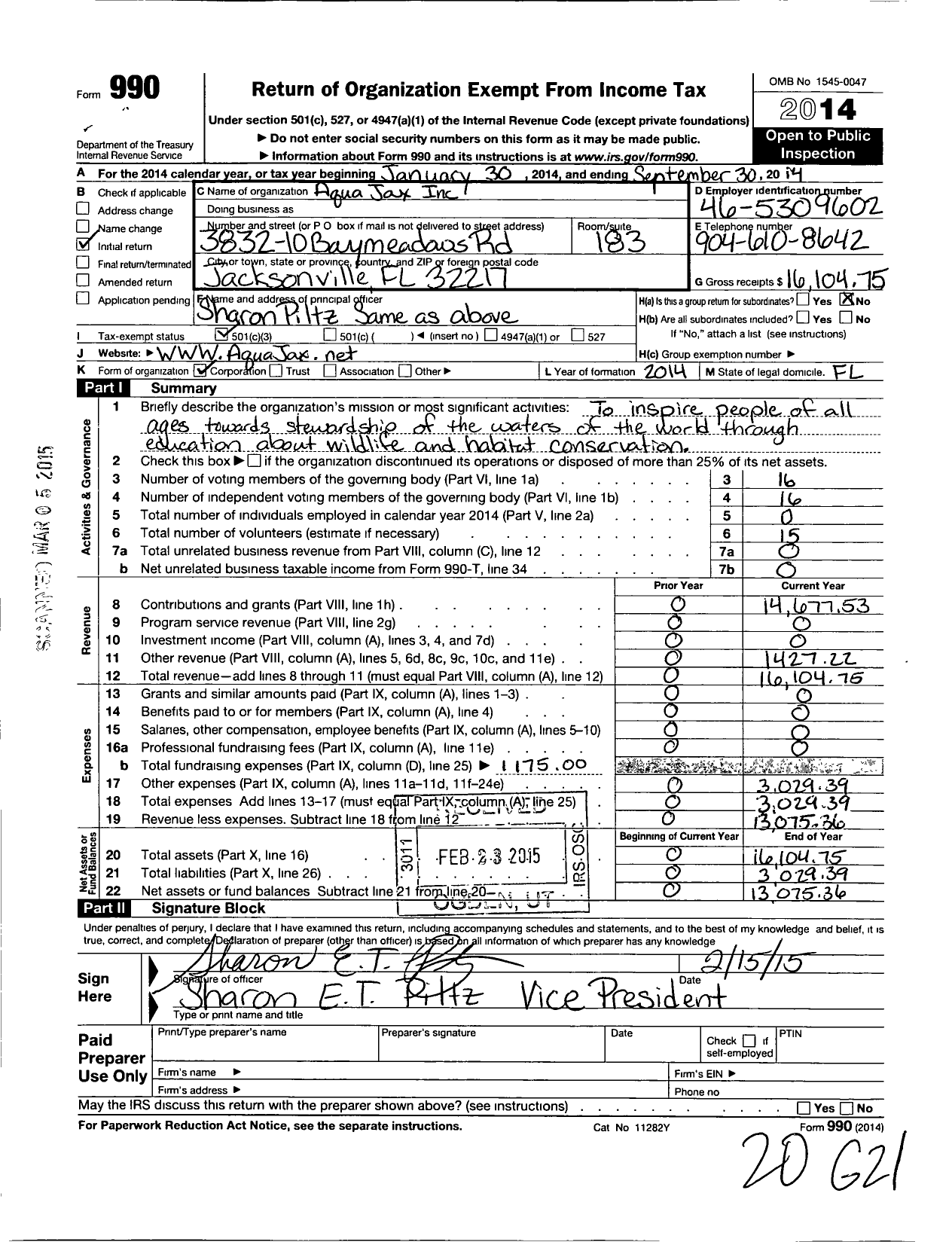 Image of first page of 2013 Form 990 for Aquajax