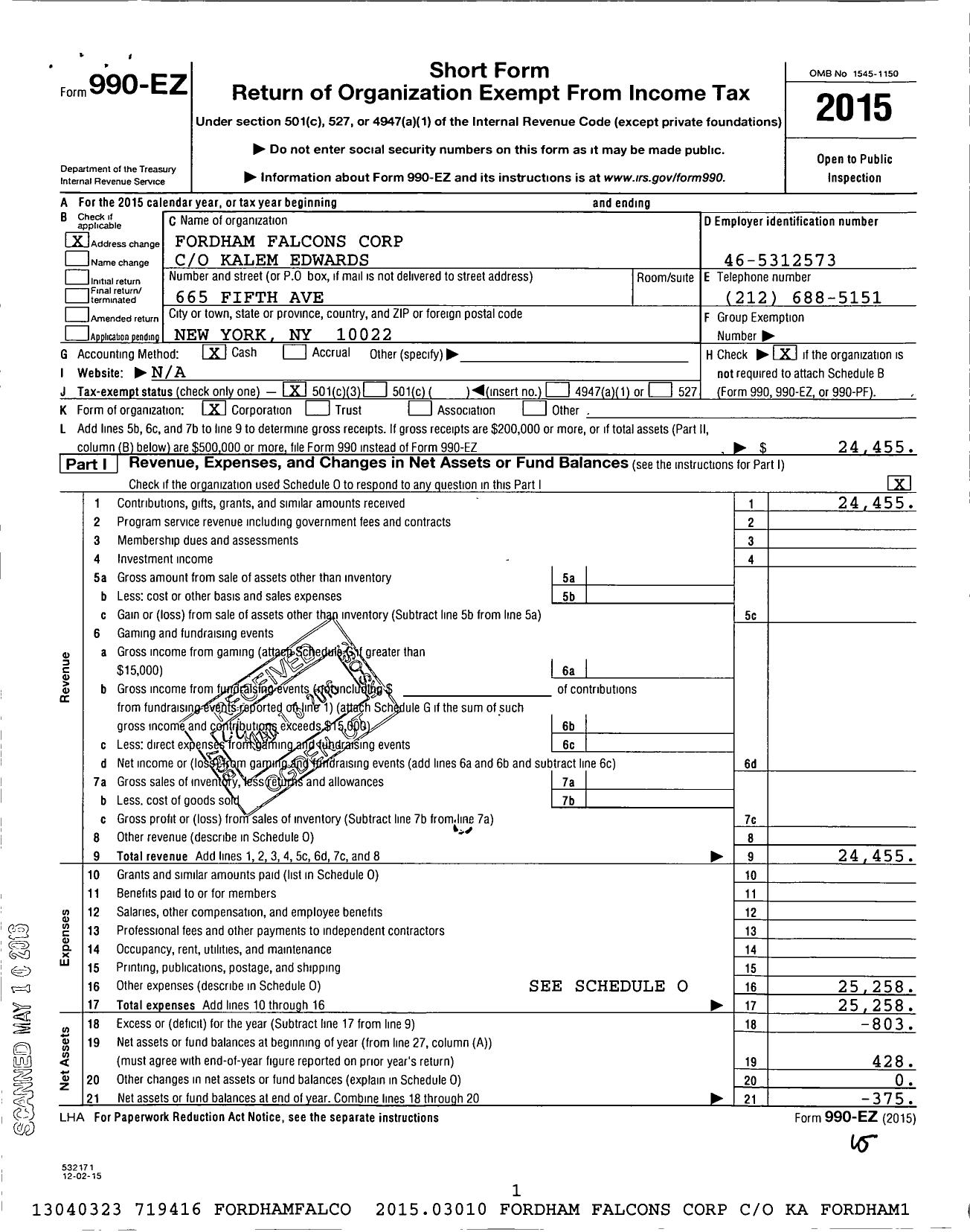 Image of first page of 2015 Form 990EZ for Fordham Falcons Corporation