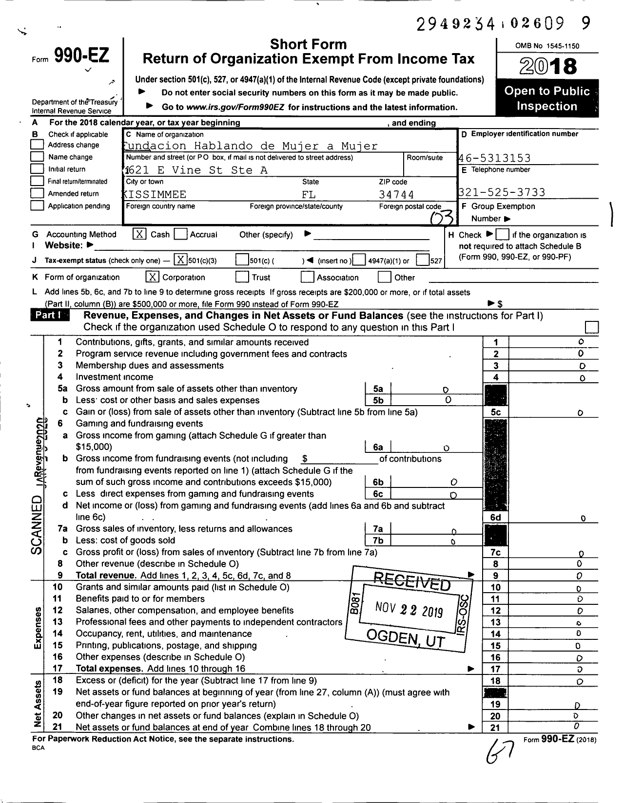 Image of first page of 2018 Form 990EZ for Fundacion Hablando de Mujer A Mujer