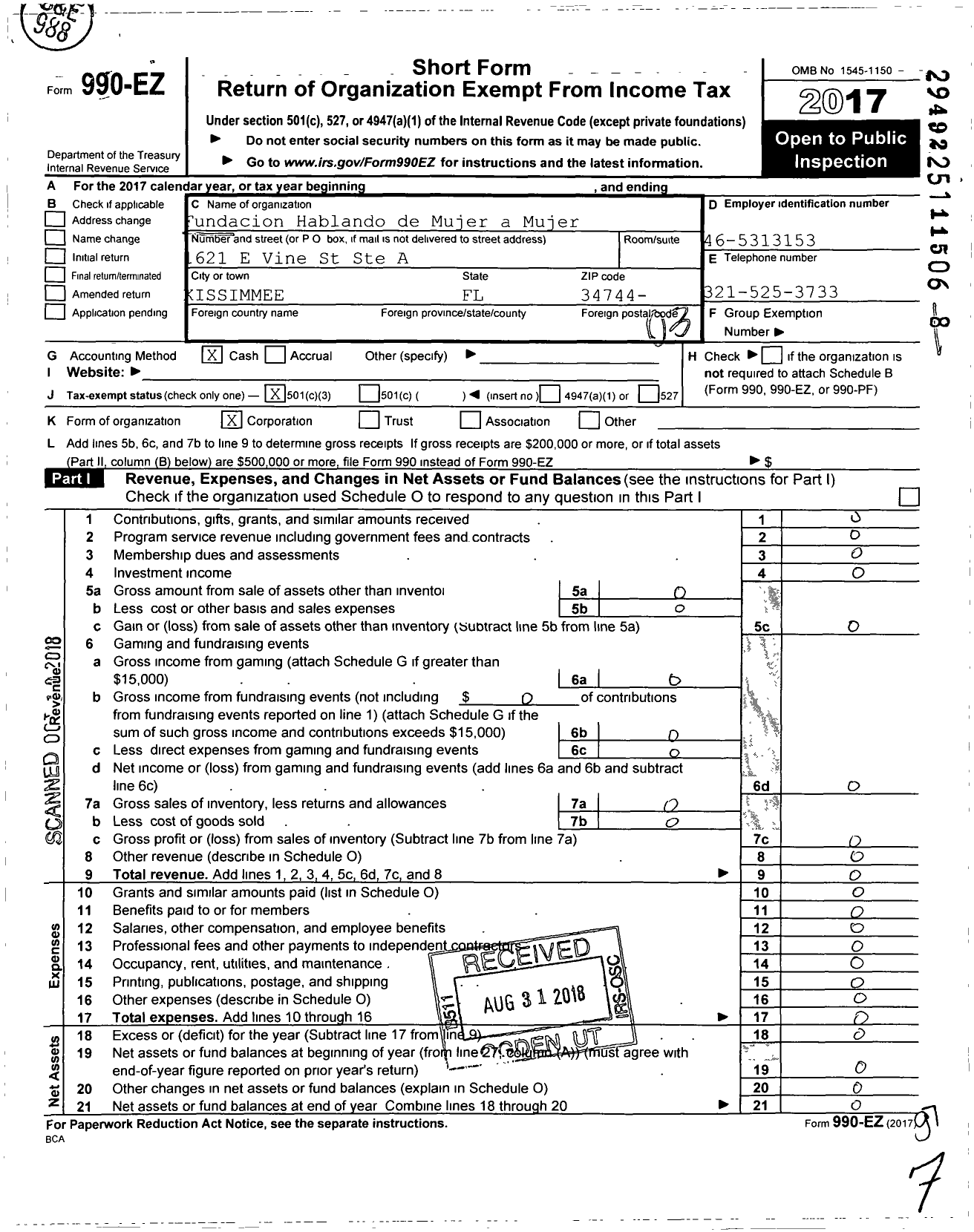 Image of first page of 2017 Form 990EZ for Fundacion Hablando de Mujer A Mujer