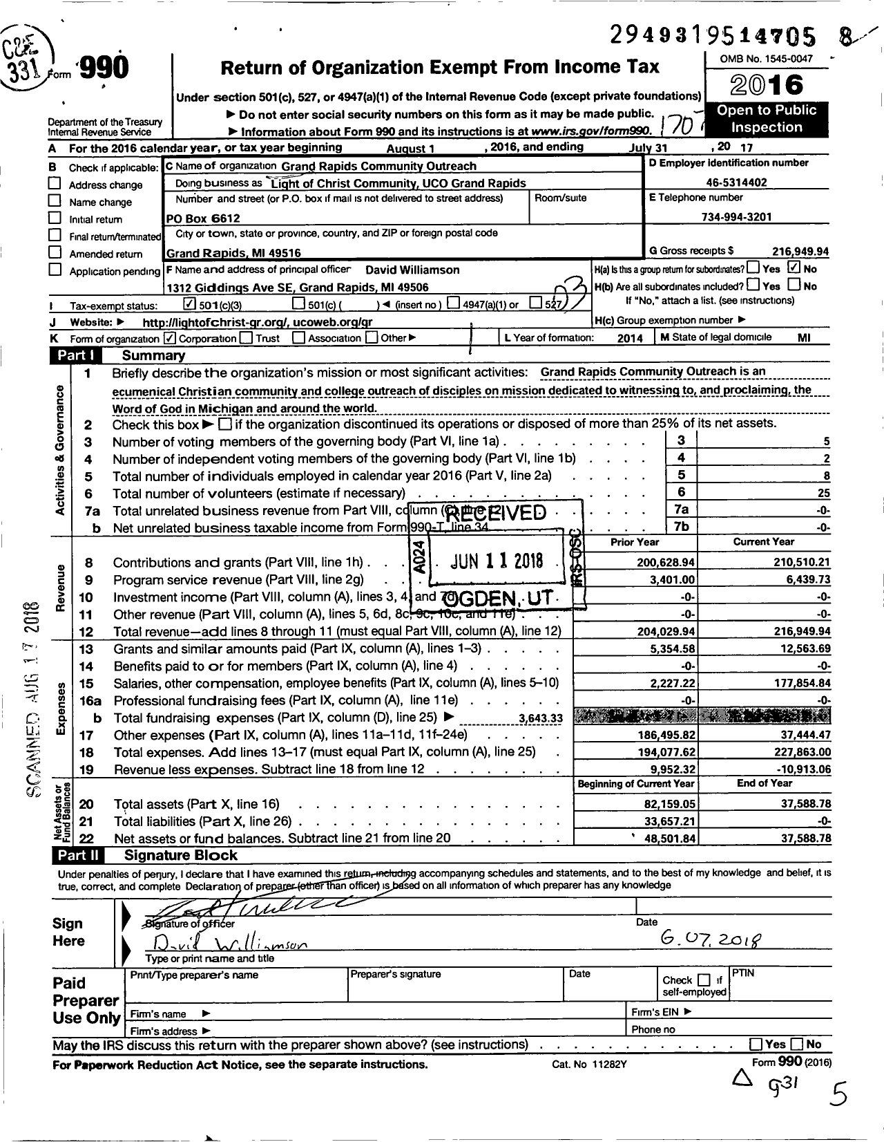Image of first page of 2016 Form 990 for Grand Rapids Community Outreach