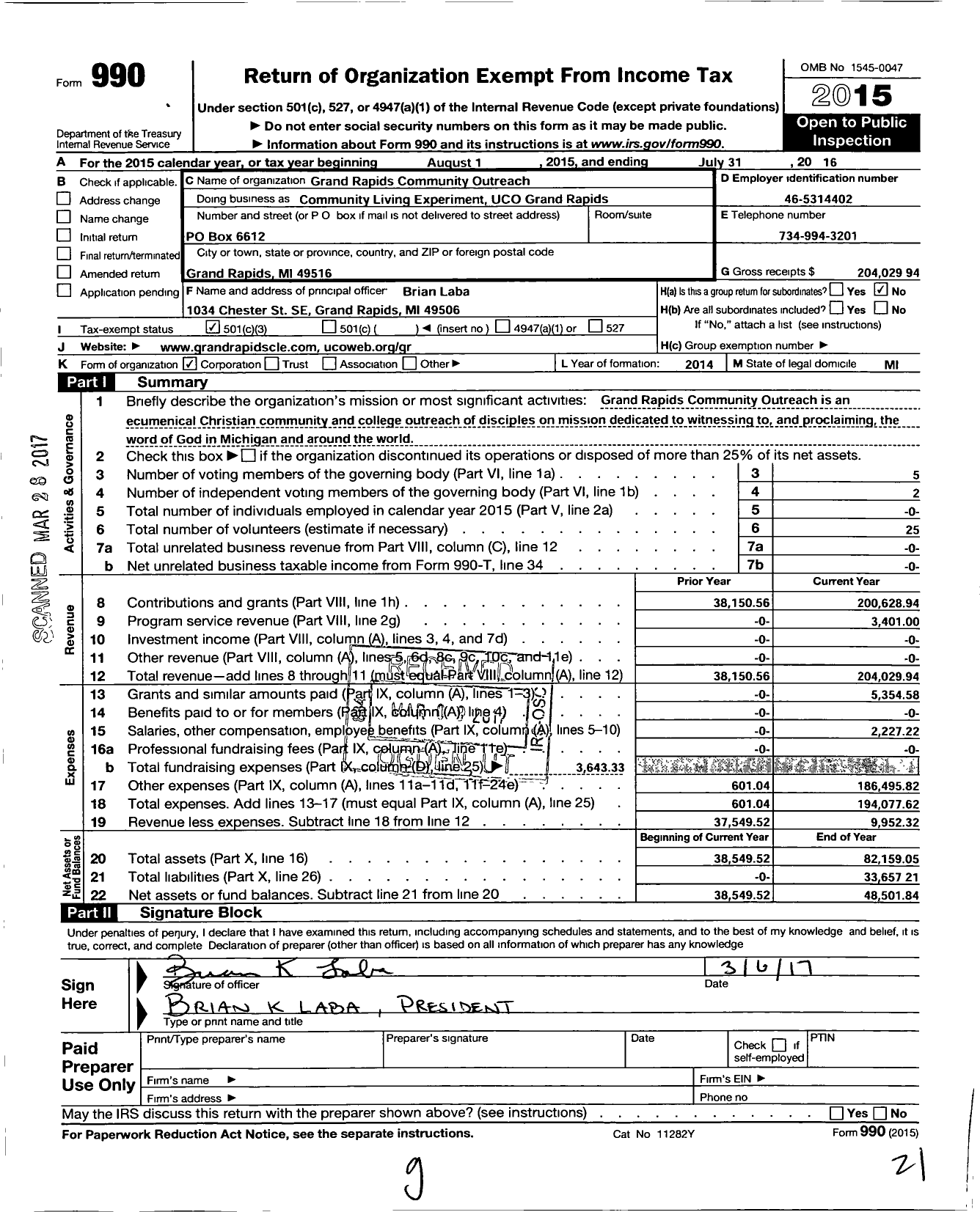 Image of first page of 2015 Form 990 for Grand Rapids Community Outreach