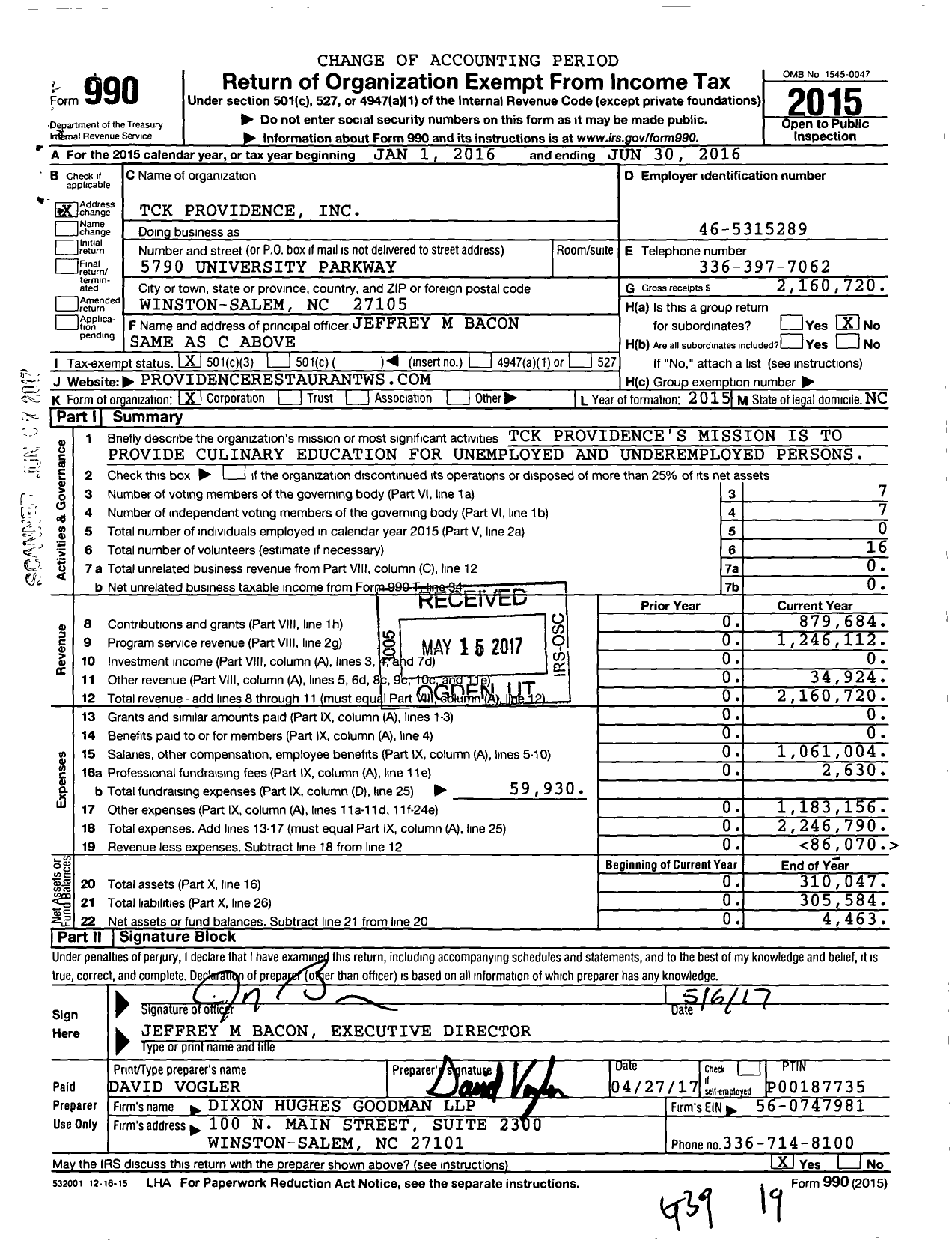 Image of first page of 2015 Form 990 for TCK Providence