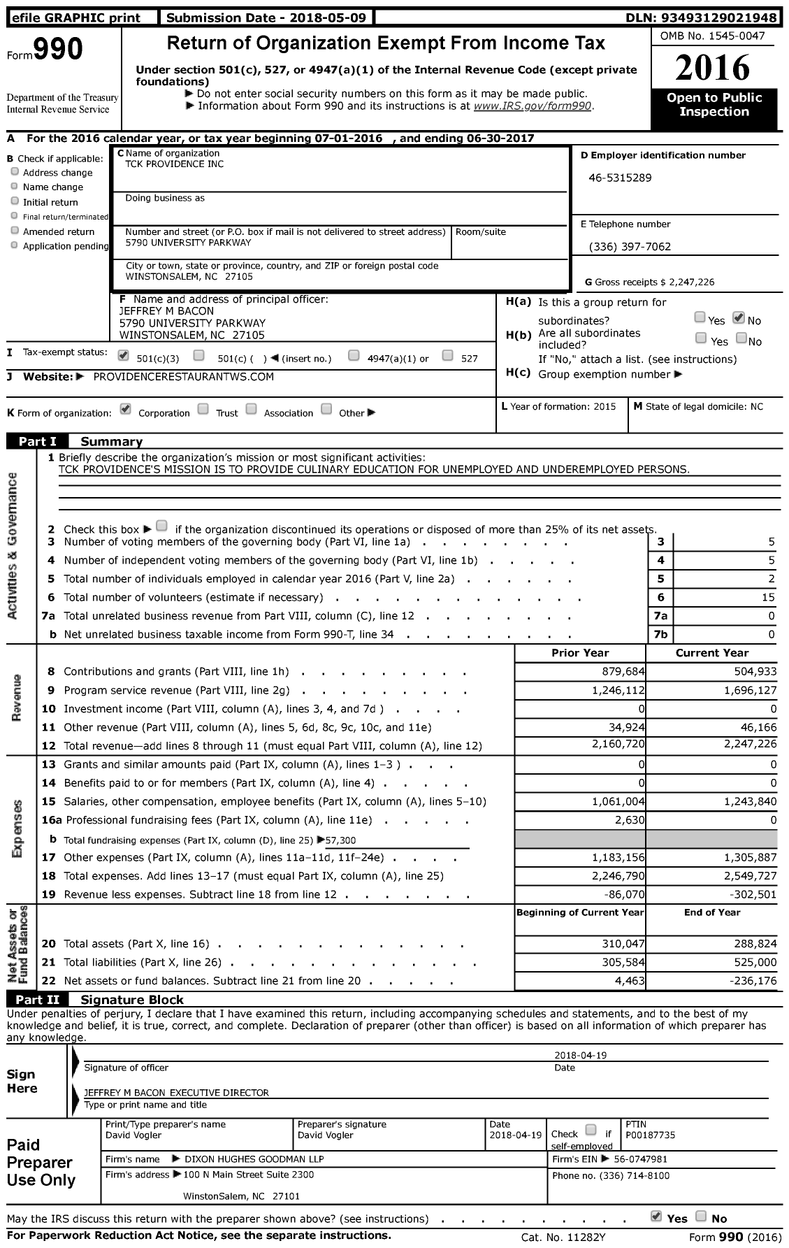 Image of first page of 2016 Form 990 for TCK Providence