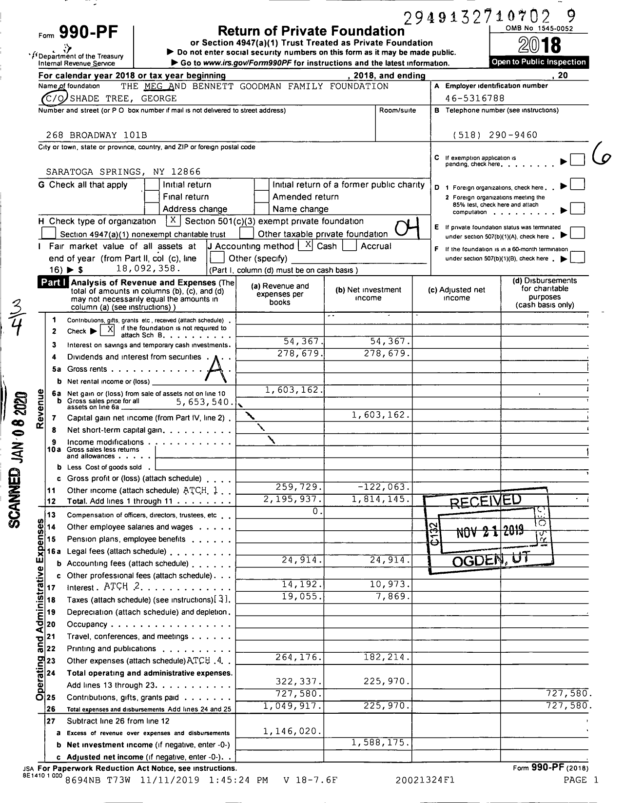 Image of first page of 2018 Form 990PF for The Meg and Bennett Goodman Family Foundation