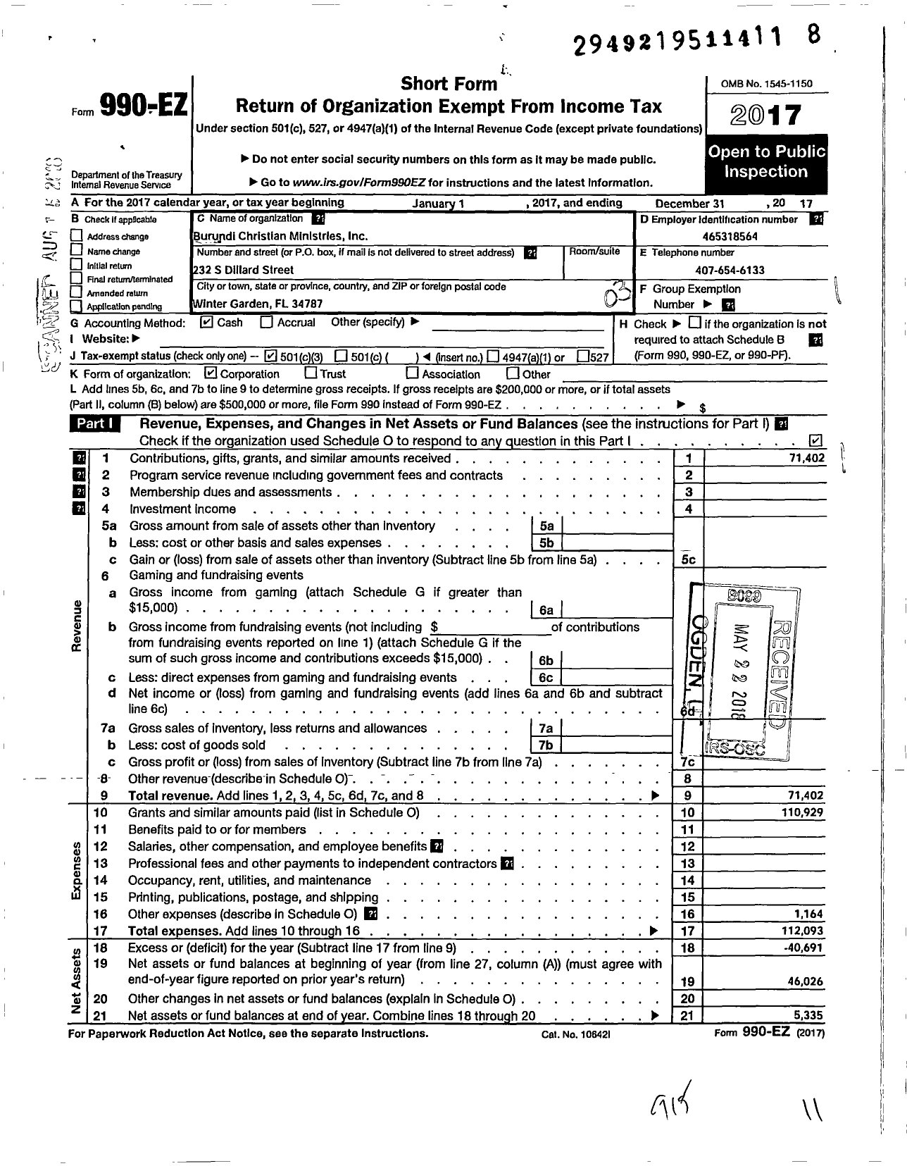 Image of first page of 2017 Form 990EZ for Windermere Ministries International