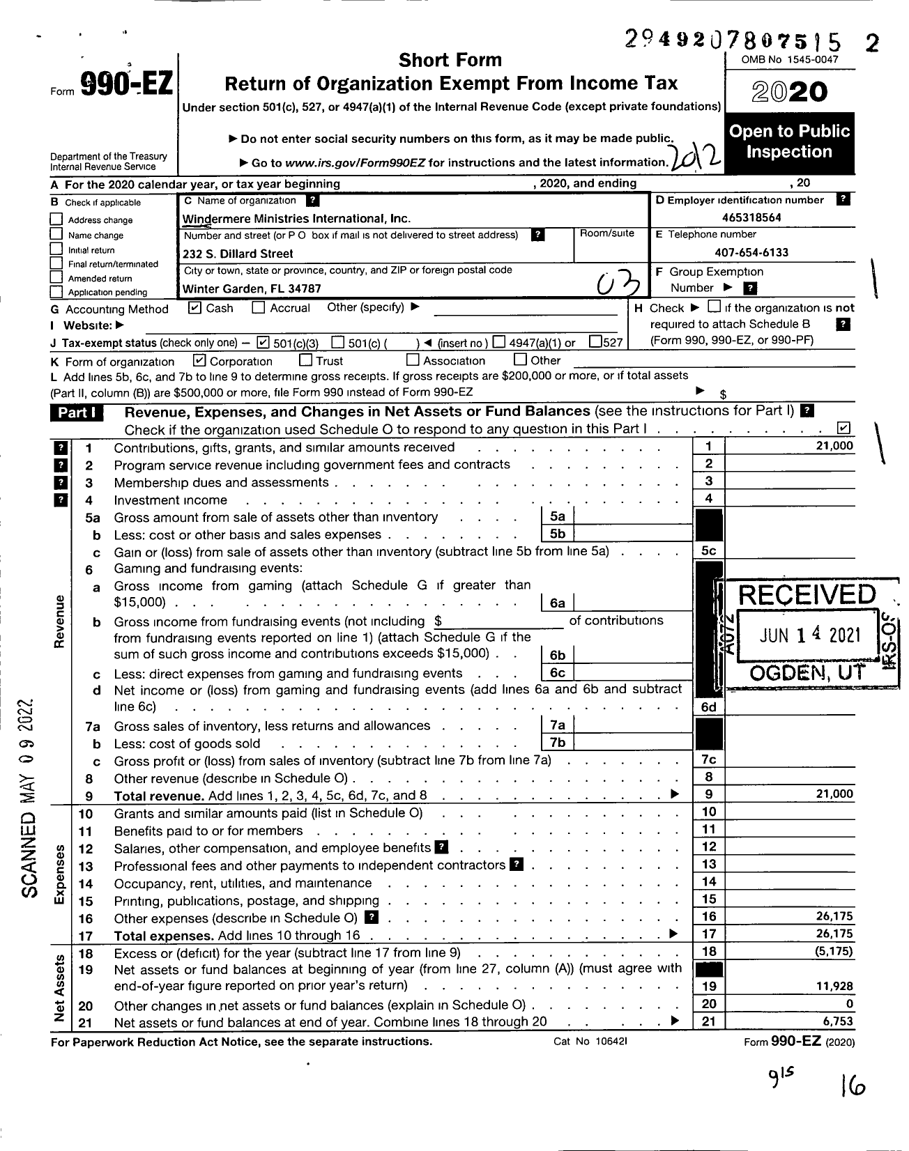 Image of first page of 2020 Form 990EZ for Windermere Ministries International