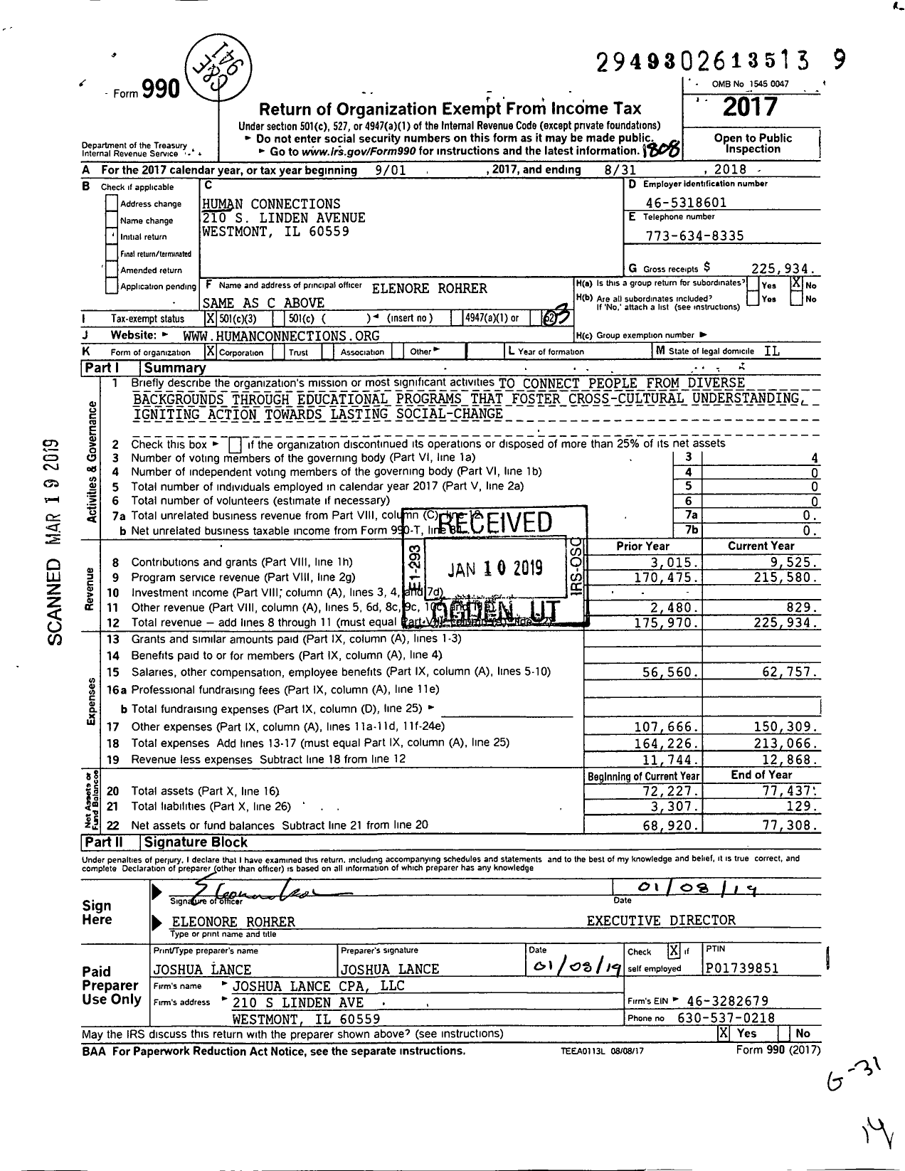 Image of first page of 2017 Form 990 for Human Connections