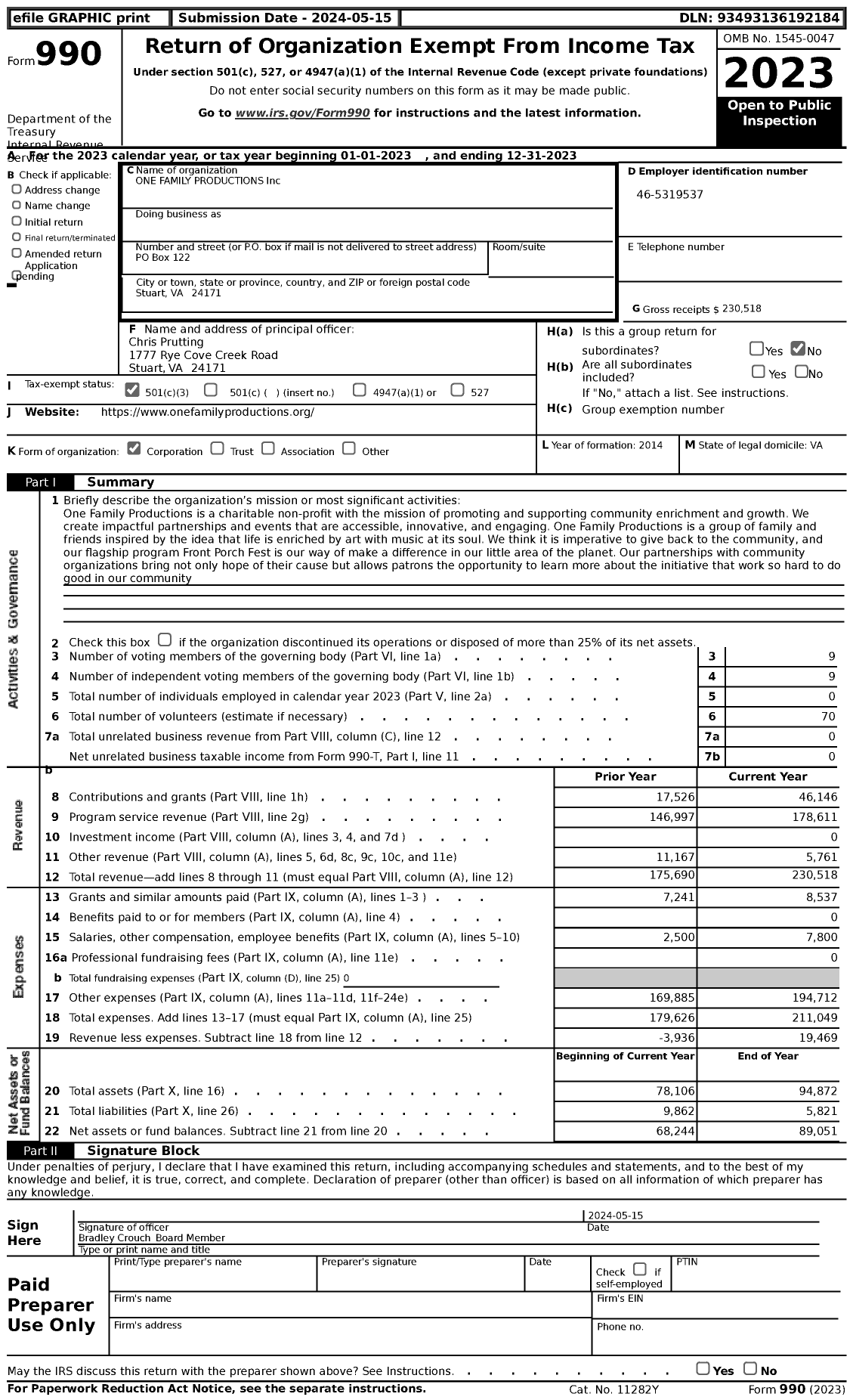 Image of first page of 2023 Form 990 for One FAMILY Productions