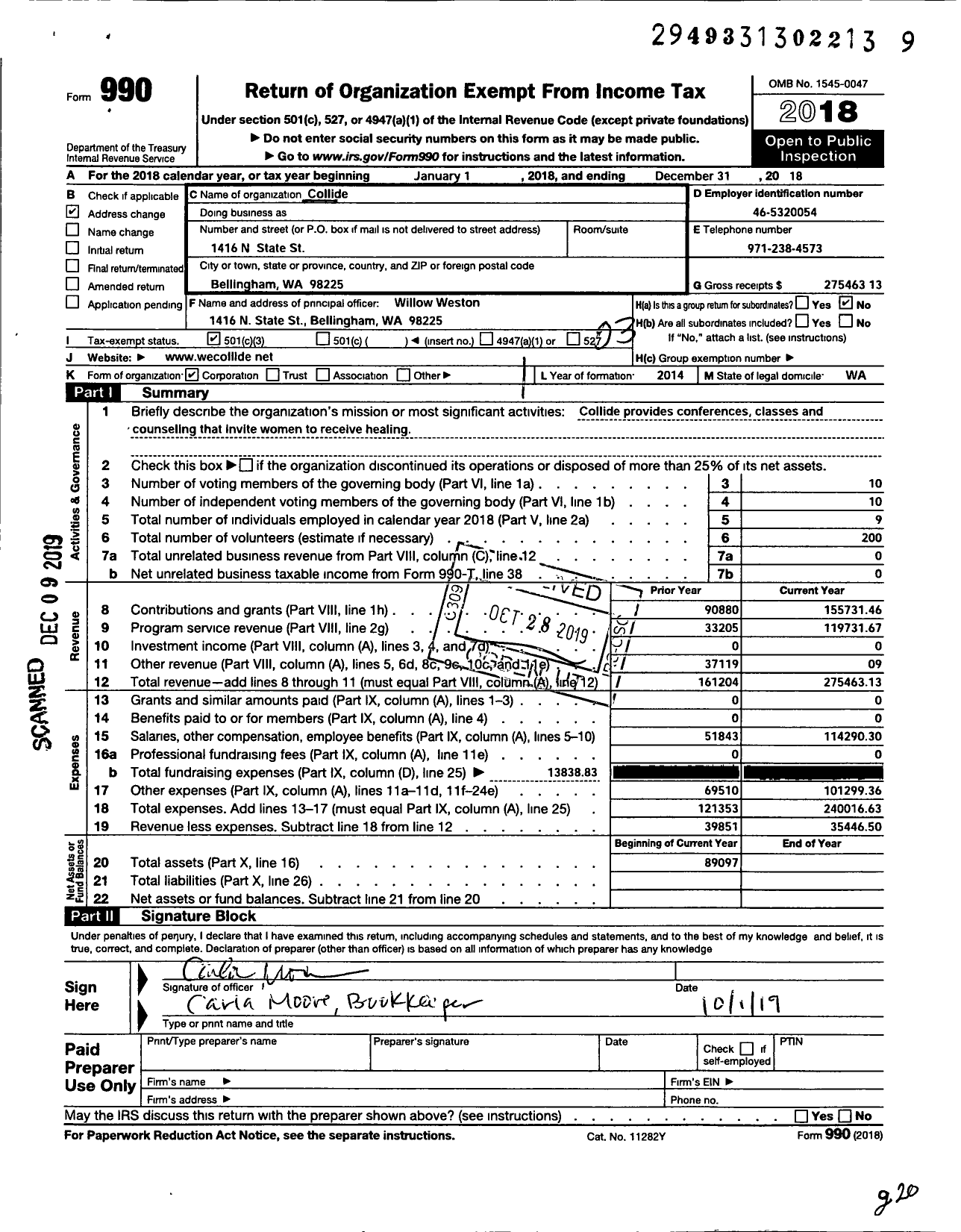 Image of first page of 2018 Form 990 for Collide