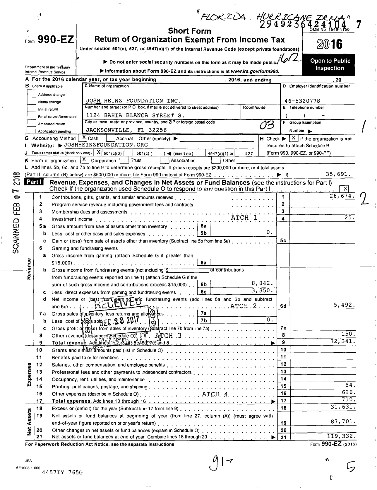 Image of first page of 2016 Form 990EZ for Josh Heinz Foundation