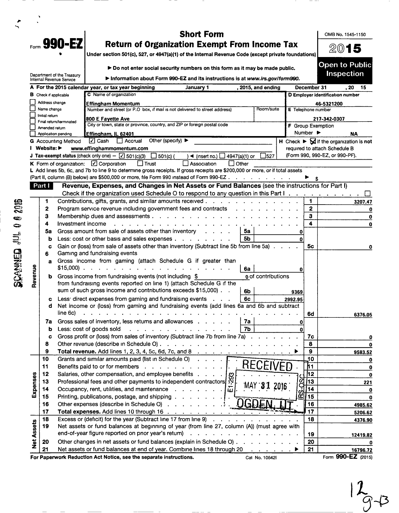 Image of first page of 2015 Form 990EZ for Effingham Momentum NFP