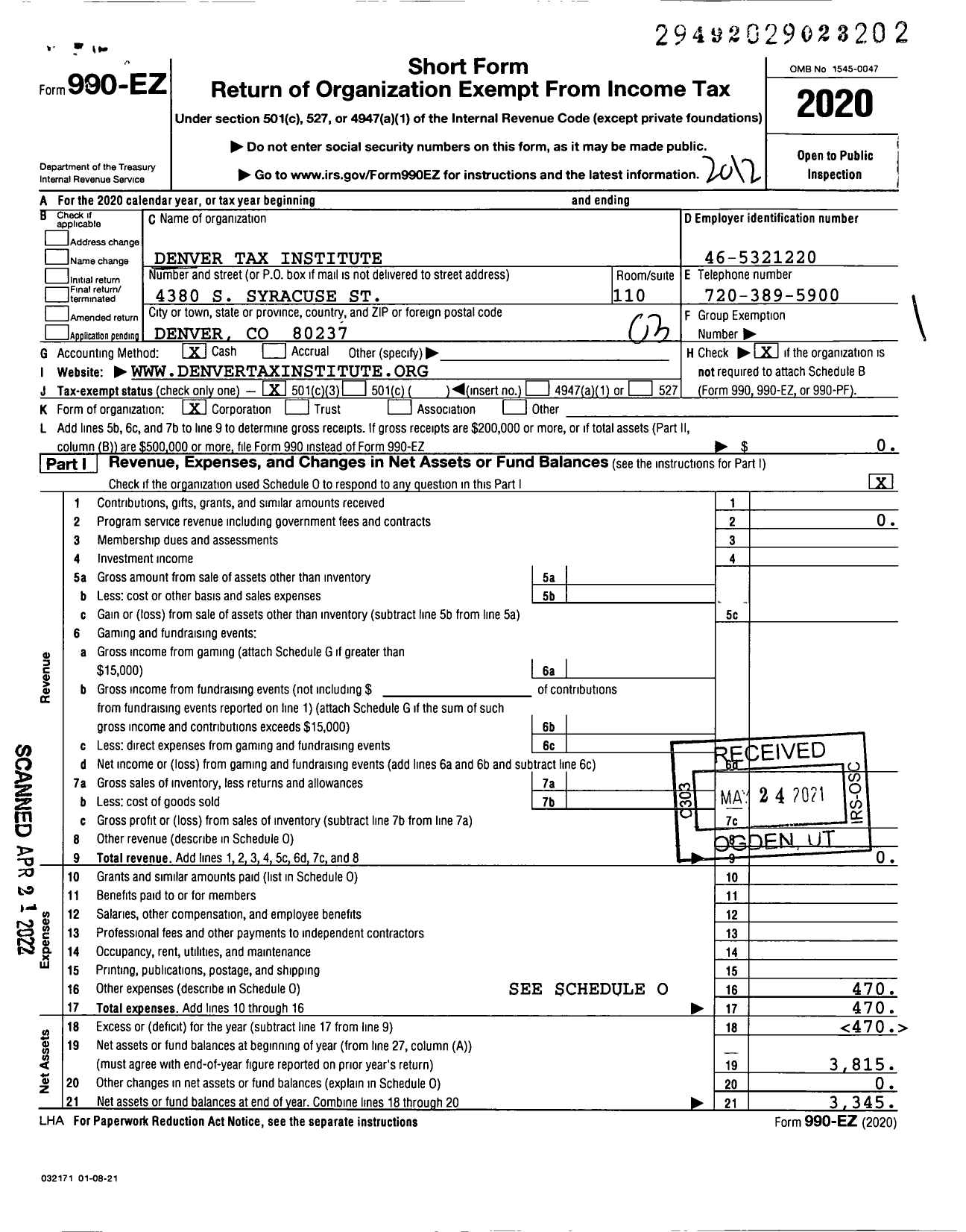 Image of first page of 2020 Form 990EZ for Denver Tax Institute