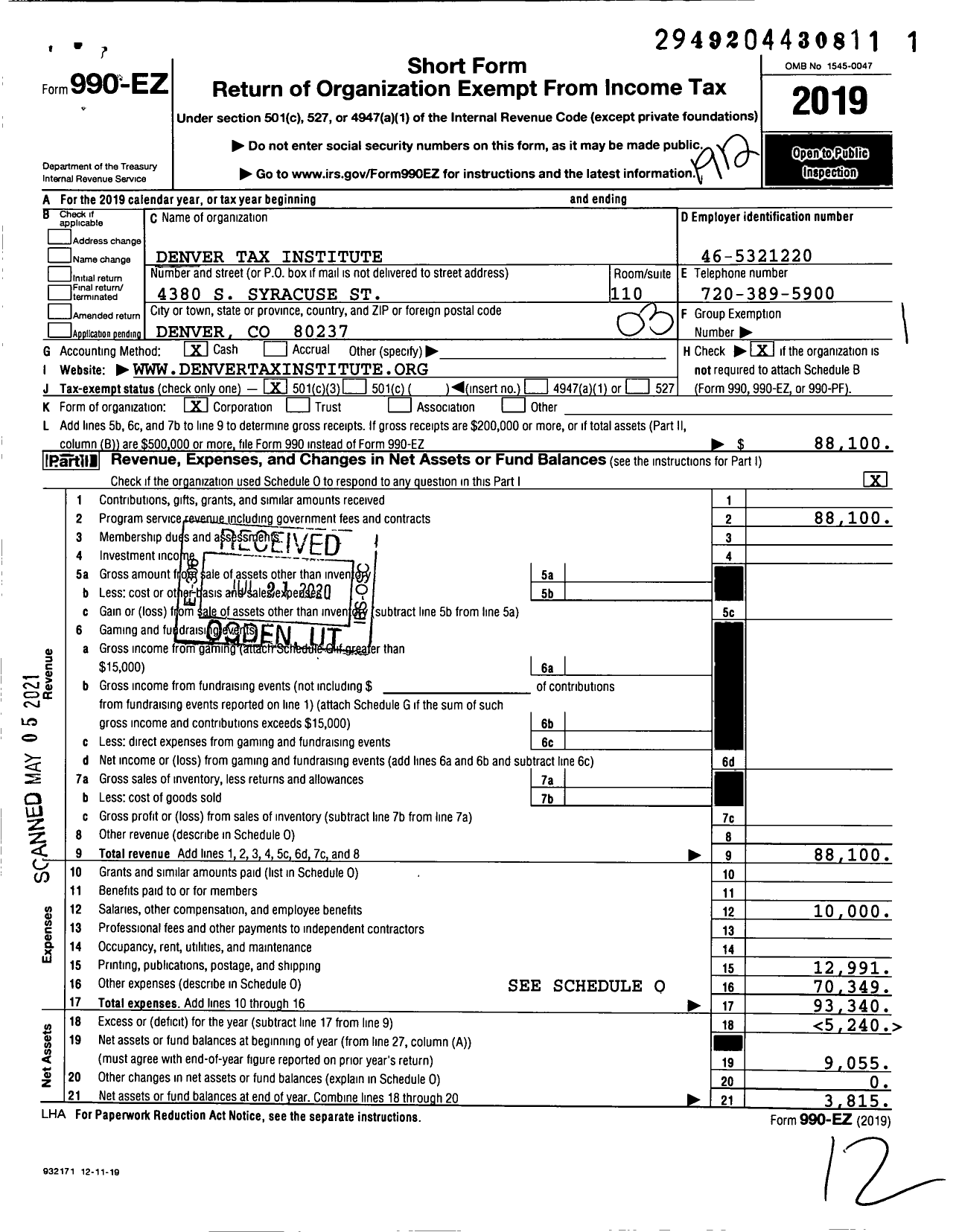 Image of first page of 2019 Form 990EZ for Denver Tax Institute