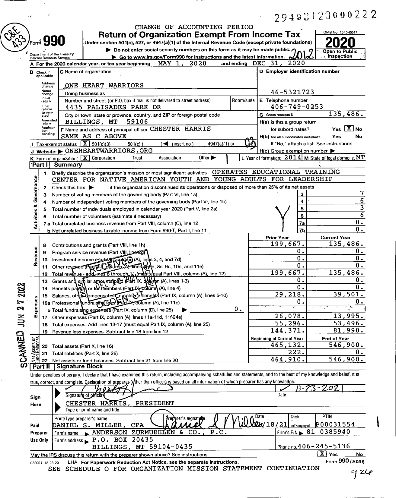 Image of first page of 2020 Form 990 for One Heart Warriors