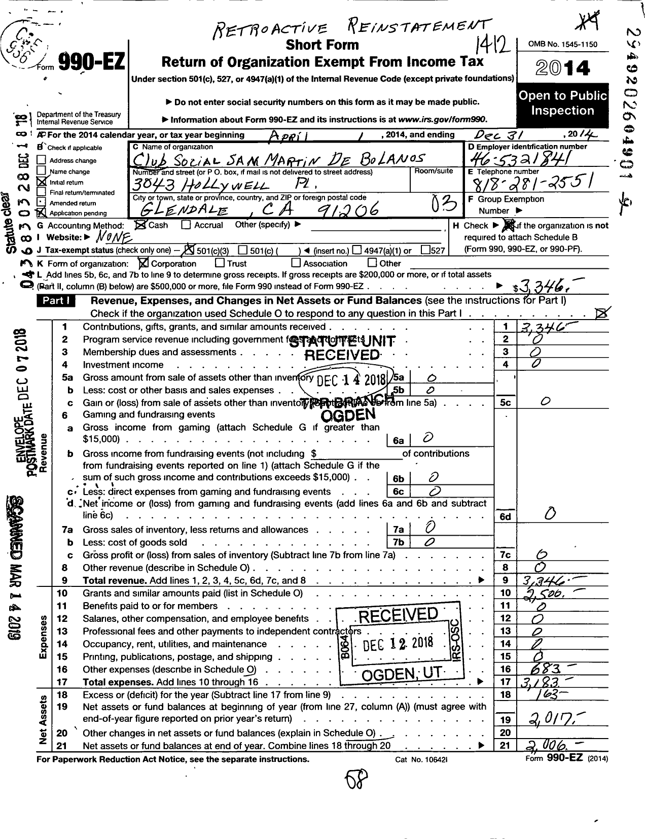 Image of first page of 2014 Form 990EZ for Club Social San Martin de Bolanos