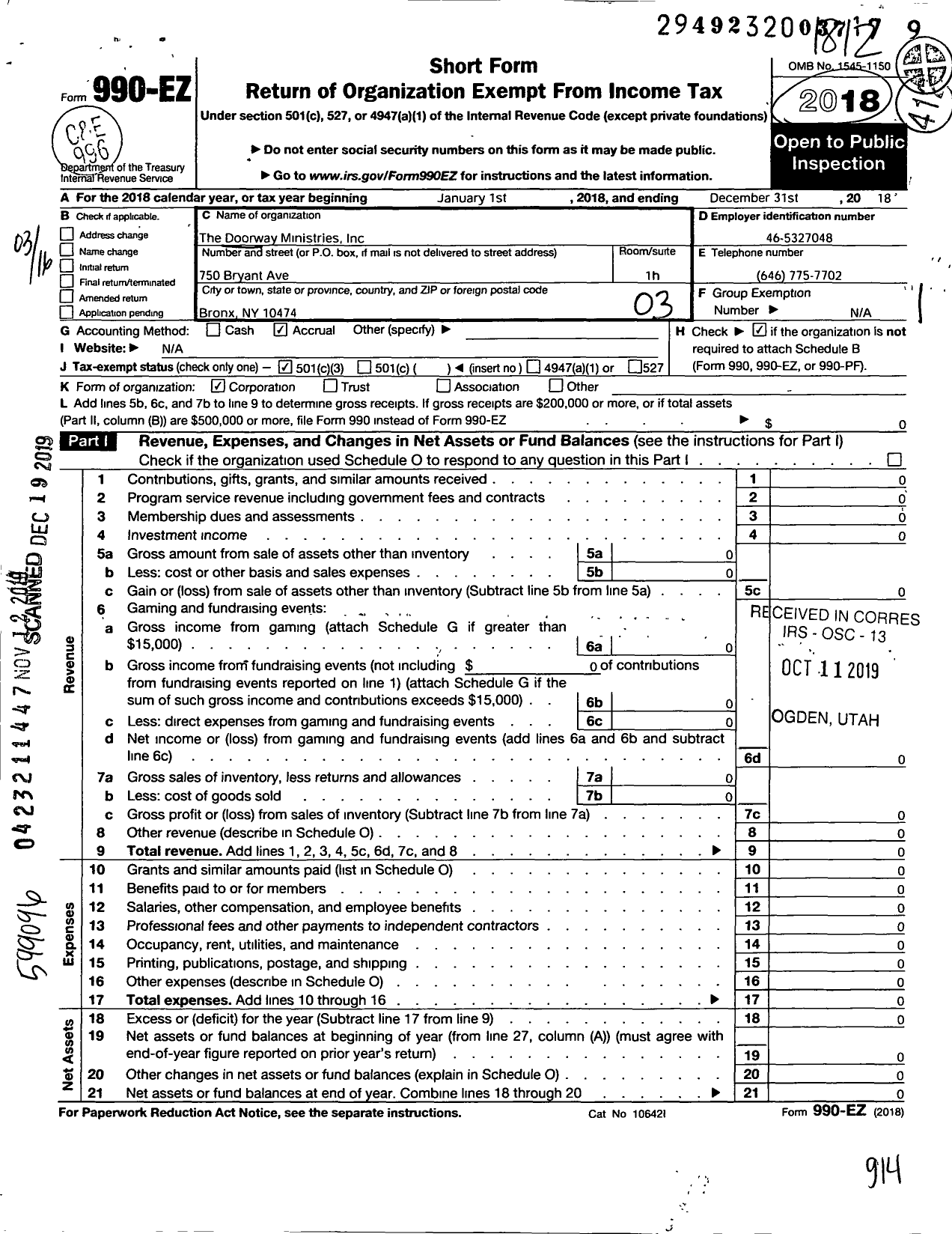 Image of first page of 2018 Form 990EZ for The Doorway Ministries