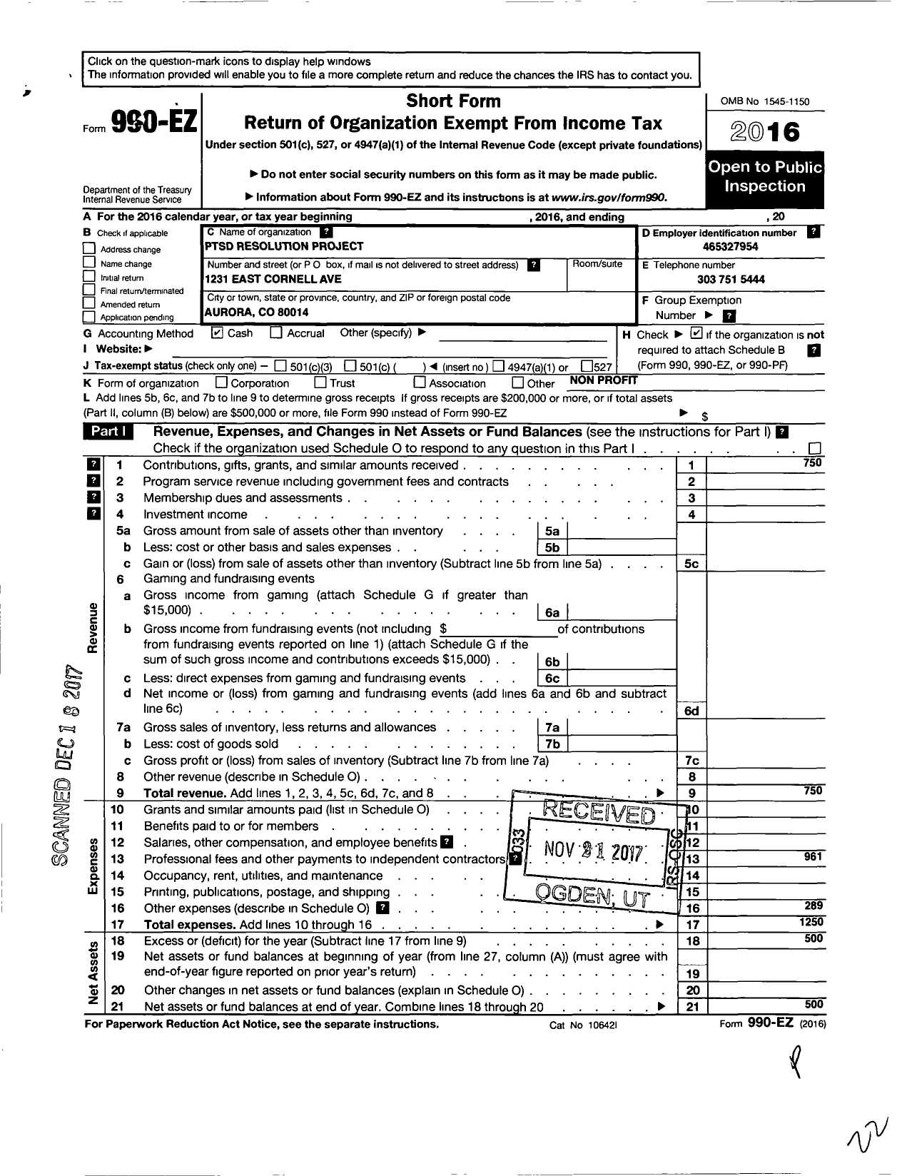 Image of first page of 2016 Form 990EO for PTSD Resolution Project